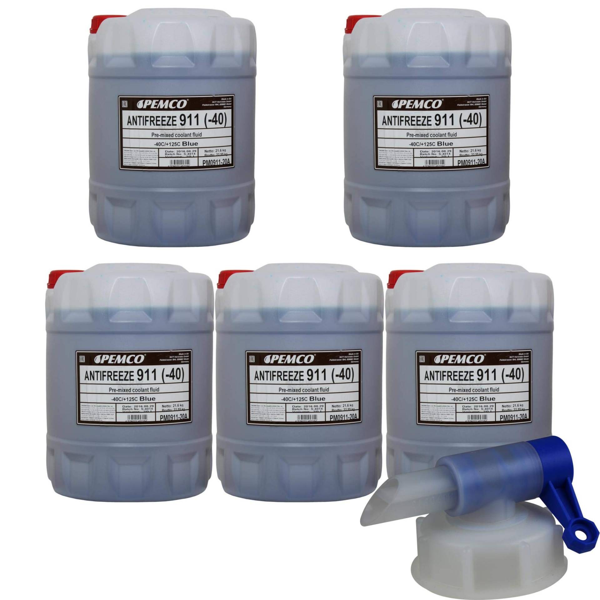 5x 20 L PEMCO Antifreeze 911 Kühlerfrostschutz blau Fertiggemisch + Auslaufhahn Typ G11 von PEMCO