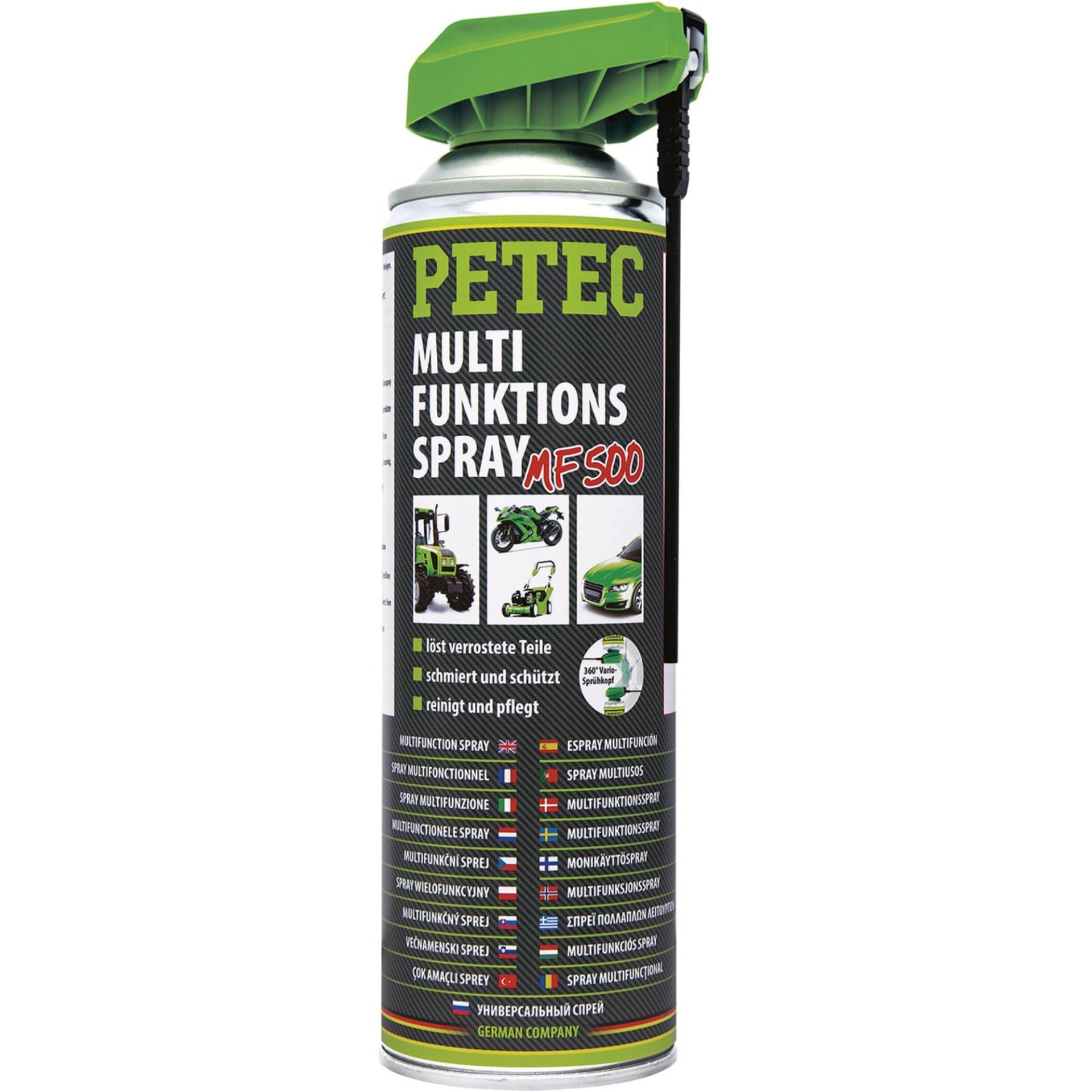 PETEC Multifunktionsspray MF500 Rostlöser Spray Reiniger Schmiermittel Pflegespray 500 ml für Auto, Bike, Fahrrad, Türschloss, Edelstahl 71250 von PETEC