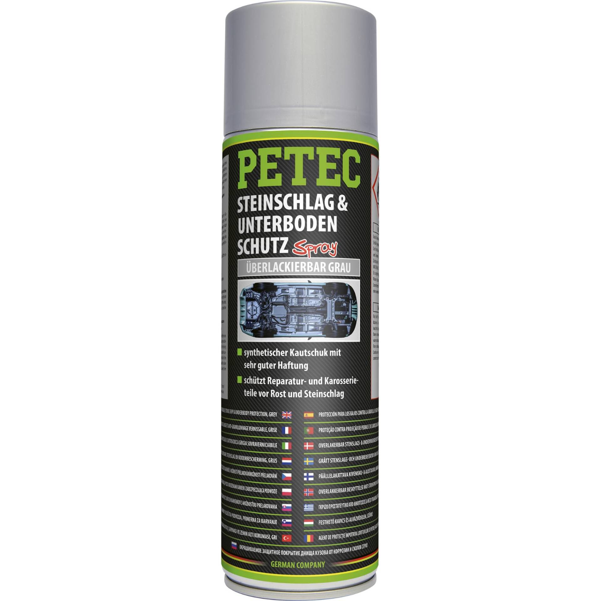 PETEC Unterbodenschutz Spray Steinschlagschutz überlackierbar. 500 ml Rostschutz in grau aus Kautschuk für Auto und Wohnwagen Unterboden 73350 von PETEC