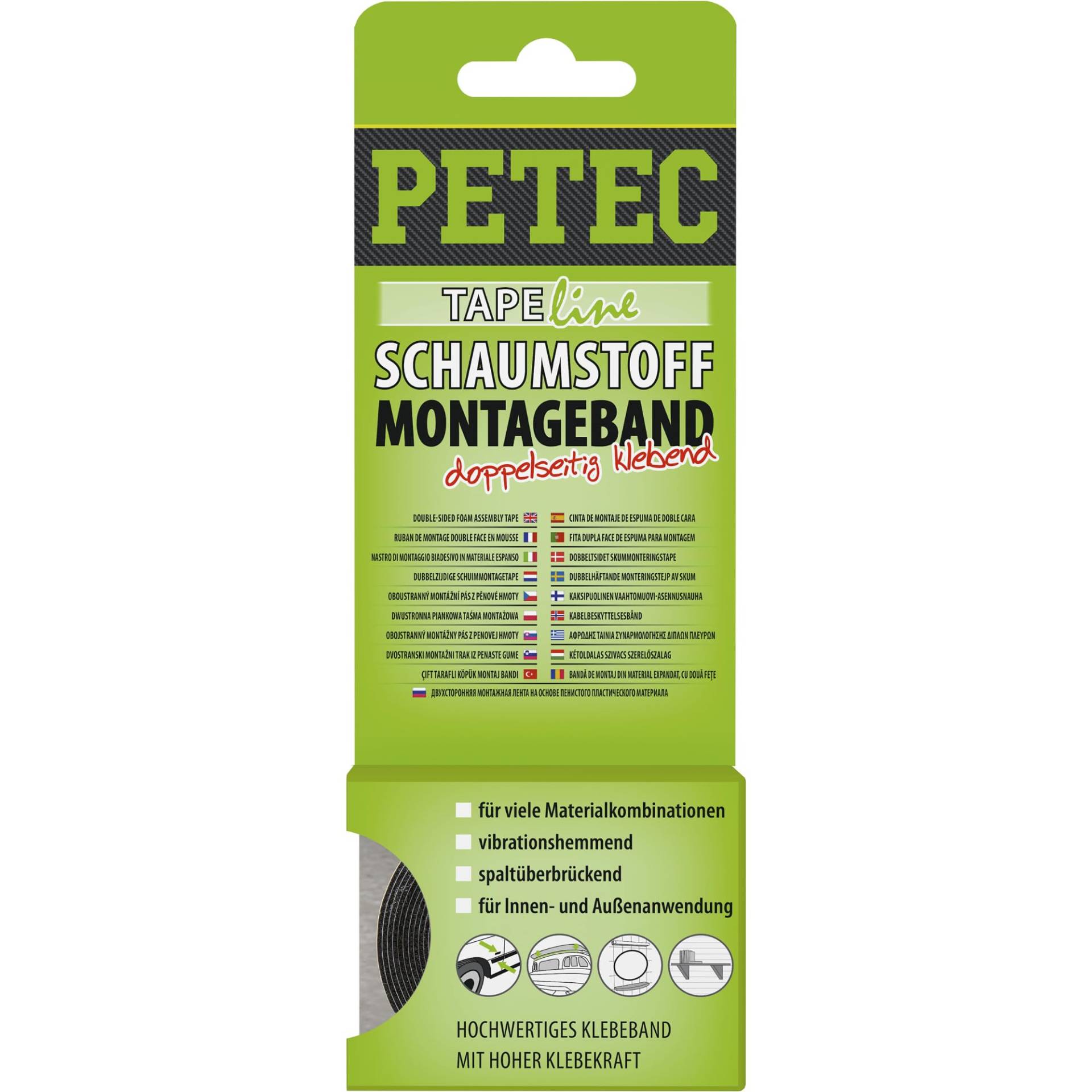 PETEC Schaumstoffband schwarz Montageband doppelseitig Doppelseitiges Klebeband 2m Schaumstoff selbstklebend Klebestreifen Wand Doppelklebeband 87122 von PETEC