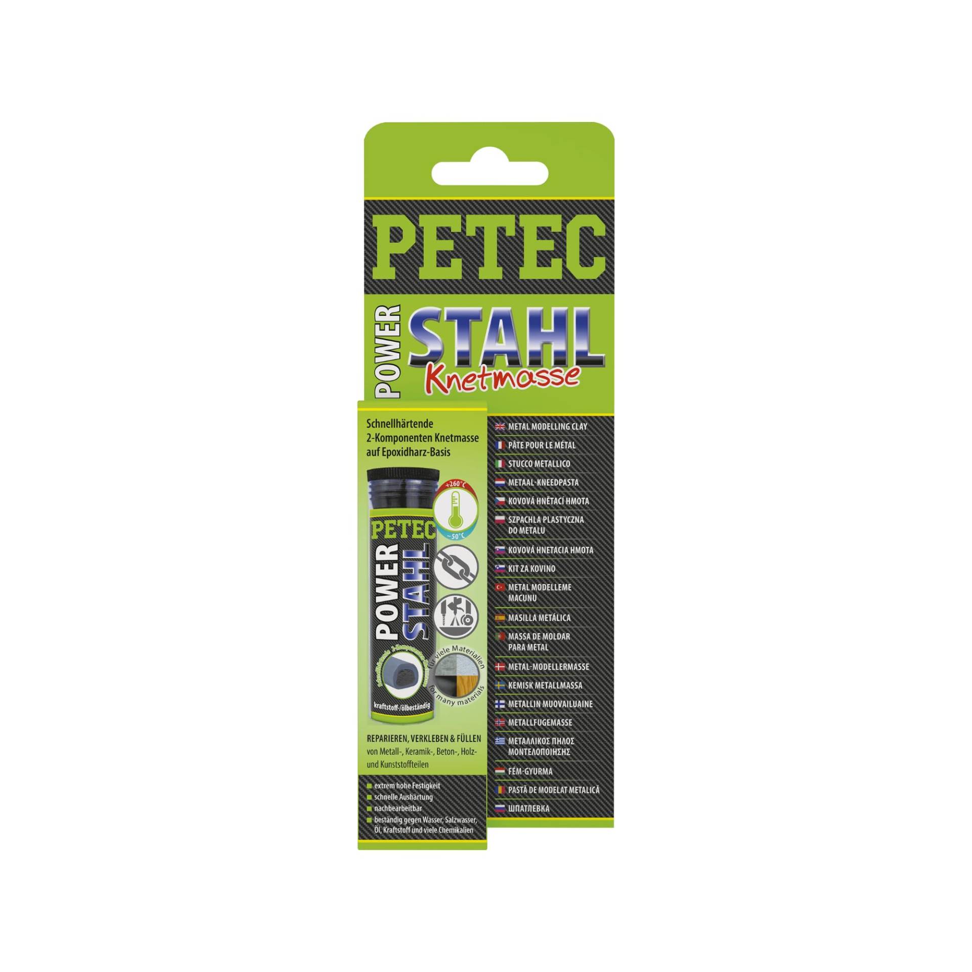PETEC POWER Stahl Epoxidharz Knetmasse lufttrocknend 2 Komponenten Kleber zum abdichten, füllen, kleben. Metall Epoxy Putty Reparatur Knete 50 g Klebeknete 97450 von PETEC
