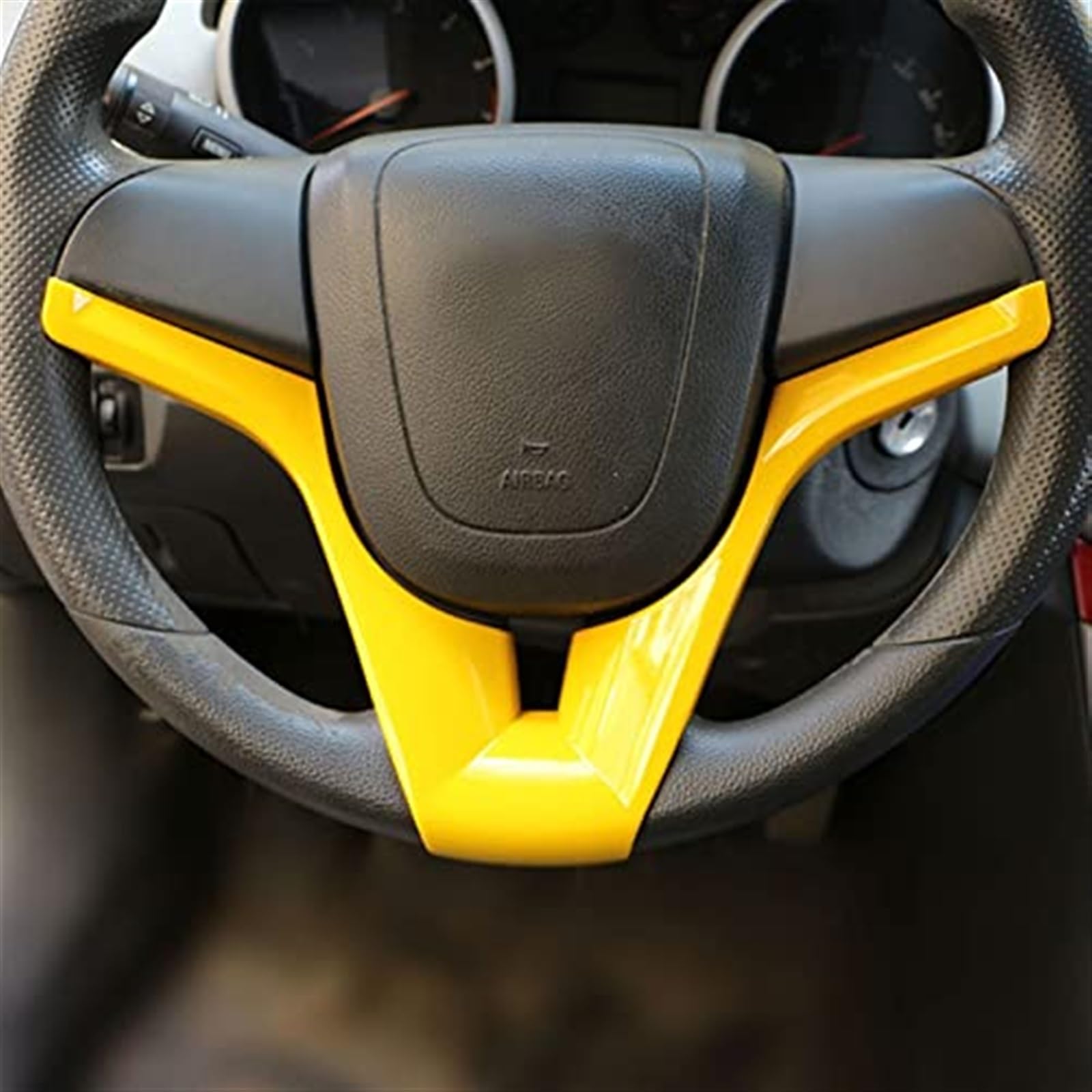 Pexorin Auto ABS Auto Lenkrad Zierleiste Dekoration Abdeckung Trim Aufkleber, for Chevrolet, Orlando 2009-2018 Zubehör CA Aufkleber für Lenkradrahmen(Black Yellow) von Pexorin