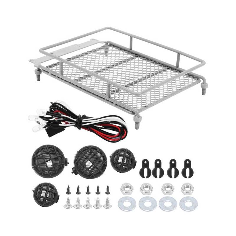 Pexorin Dachgepäckträger Gepäckträger MN 1/12 RC Crawler MN90/MN90K RC Modellauto Ersatzteile Dachgepäckträger RC Metall mit Licht Spielzeugauto-Abenteuer-Dachträger(Silver) von Pexorin