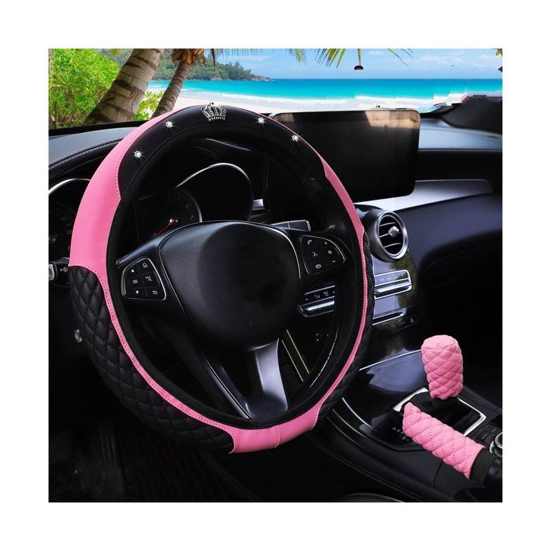 Lenkradbezug 3-teiliges Pu-Leder Mit Bestickter Krone Und Diamant-Auto Ohne Innenring Lenkradabdeckung Handbremsabdeckung Griffabdeckung Lenkradhülle(Pink) von Pfdwmdoi