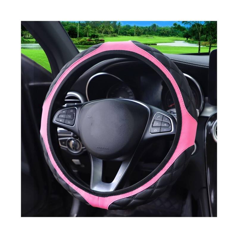 Lenkradbezug Leder-Stereo-gestickte, Bequeme, rutschfeste Auto-Lenkradabdeckung Ohne Innenring Für 14,1-15-Zoll-Autos Lenkradhülle(Pink) von Pfdwmdoi