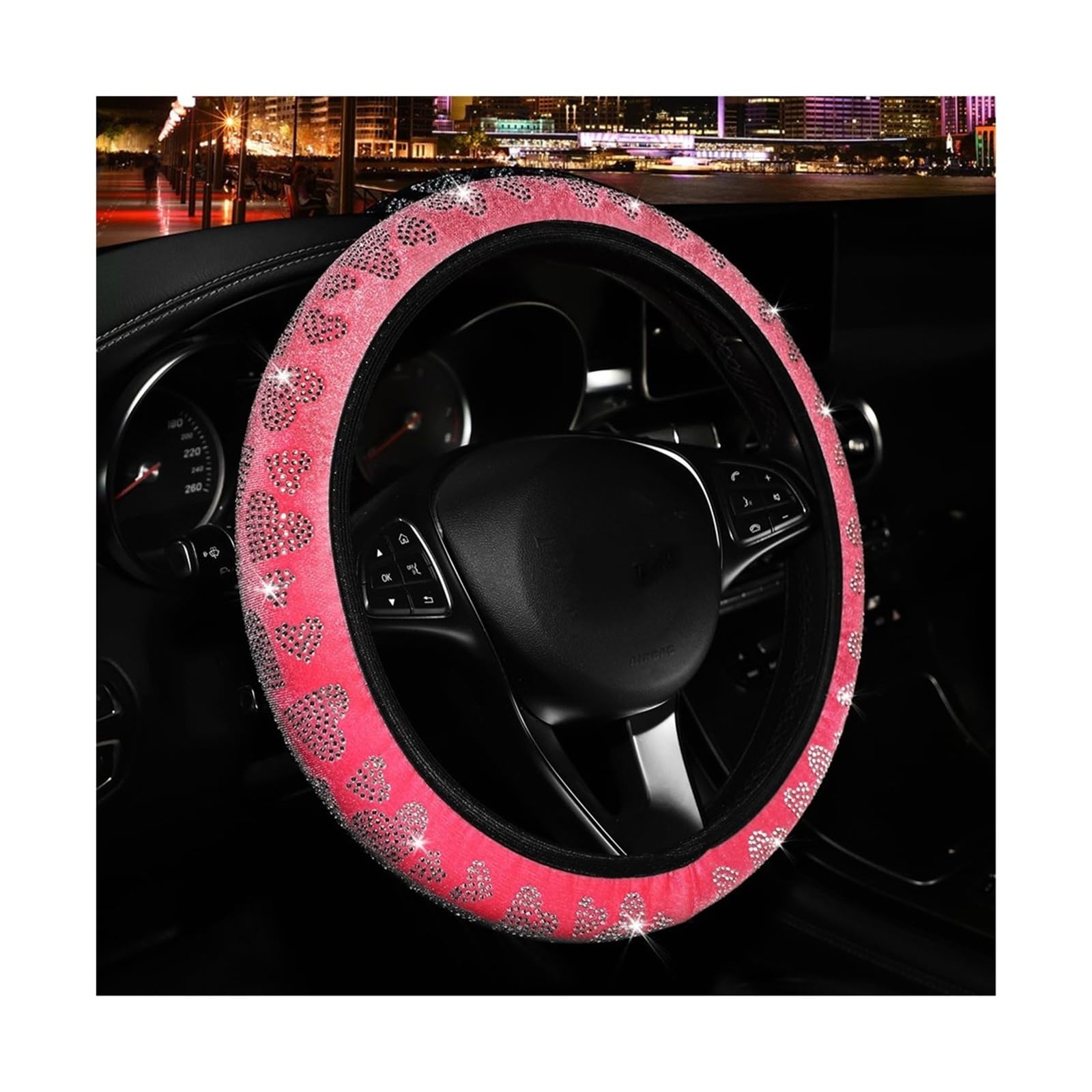 Lenkradbezug Samtbesetztes Faux-Diamant-Herz-Flash-Autozubehör Ohne Innenring-Lenkradabdeckung Für 14-15 Zoll Lenkradhülle(Pink) von Pfdwmdoi