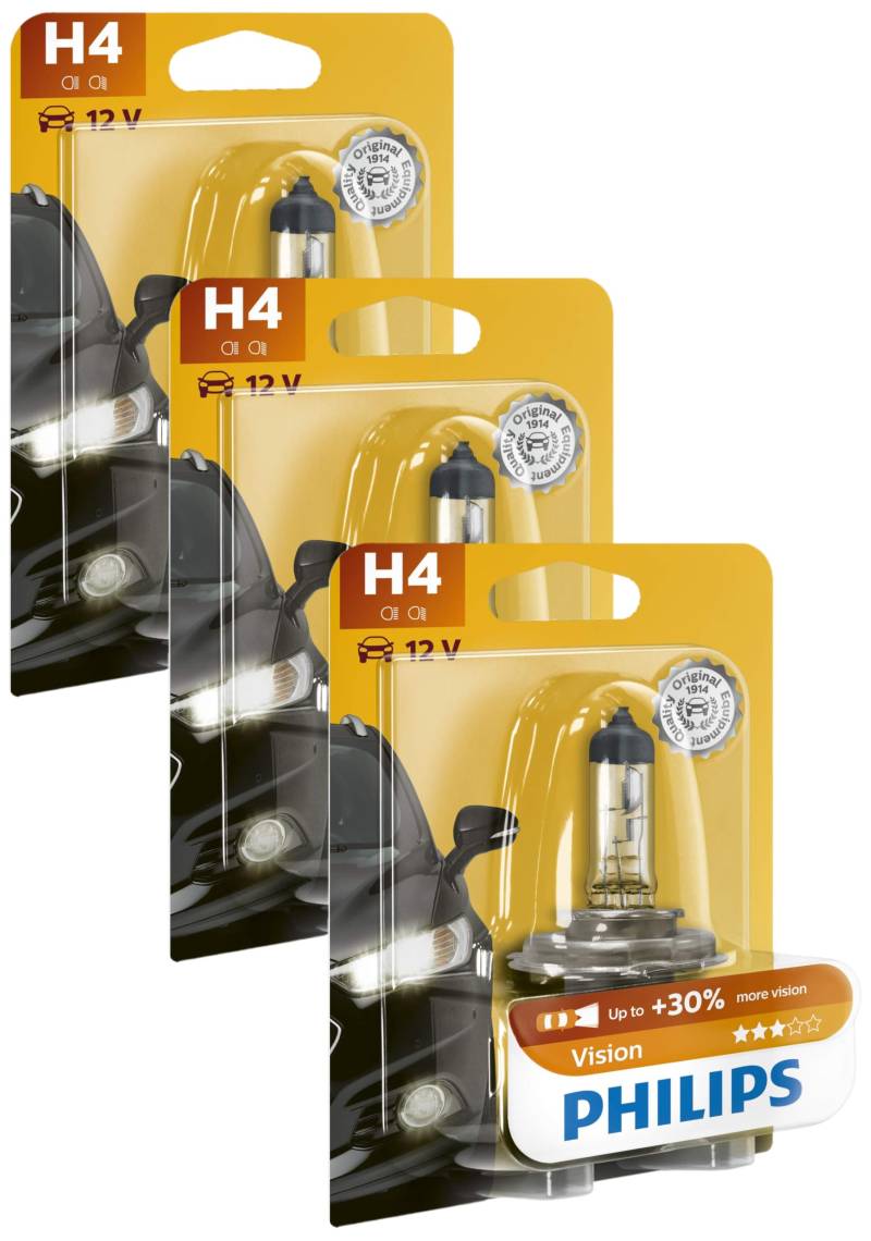 Philips 12342PRB1 Vision +30% H4 Scheinwerferlampe 12342PRB1, 1er Blister (Packung mit 3) von PHILIPS