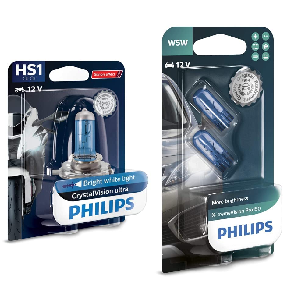 Philips 12636BVBW CrystalVision ultra Moto HS1 Motorrad-Scheinwerferlampe, 1 Stück & Philips Halogen automotive lighting X-tremeVision Pro150 W5W Signallampe, Doppelblister, 563230, Double blister von PHILIPS