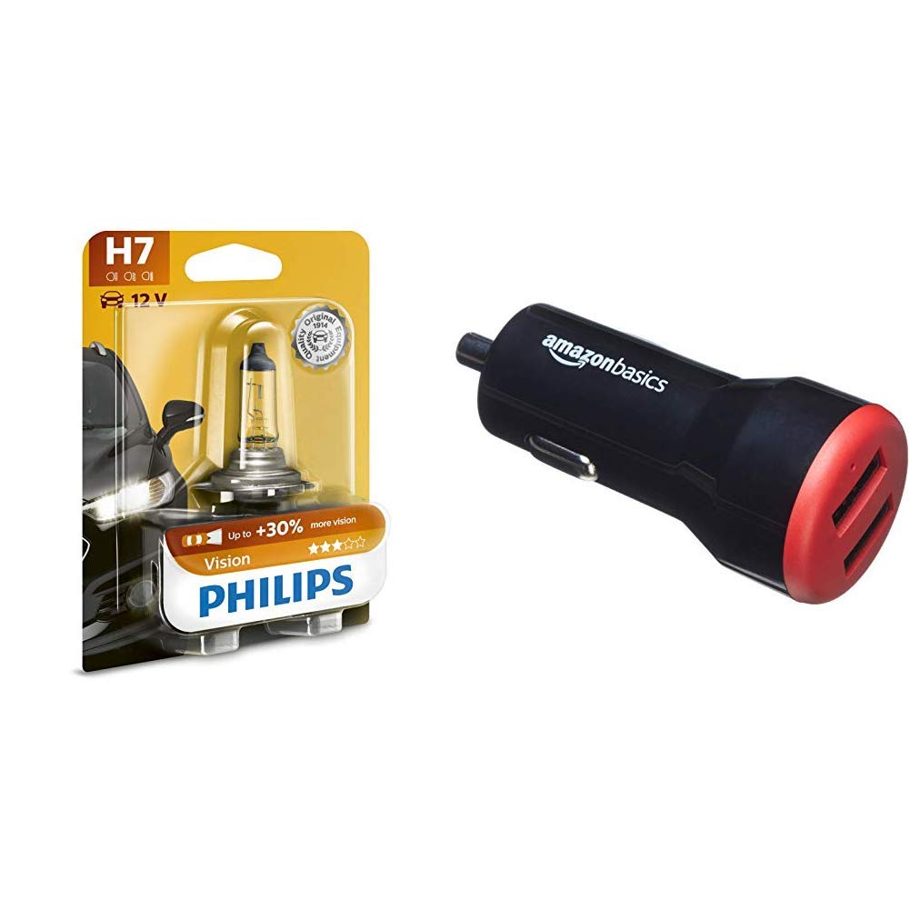 Philips 12972PRB1 Scheinwerferlampe H7 Vision & Amazon Basics - Kfz-Ladegerät für Apple- & Android-Geräte, USB-Anschluss: 2 Eingänge, 4,8 Ampere / 24 W, Schwarz/Rot von Philips automotive lighting