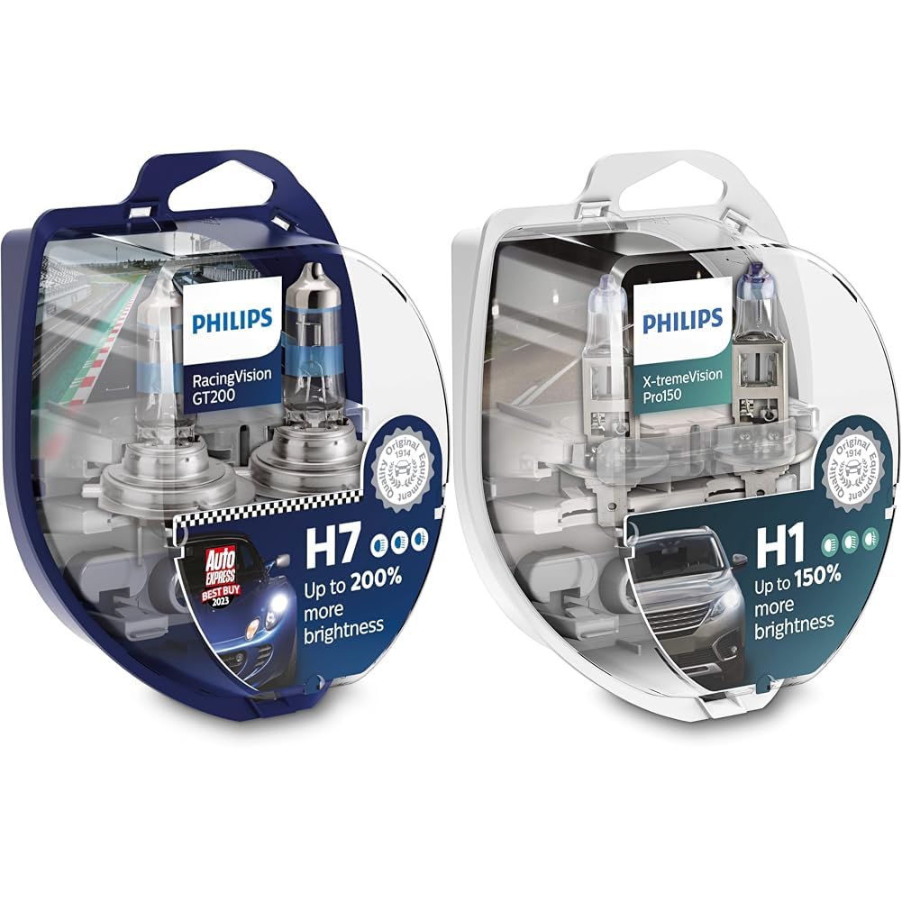 Philips Halogen RacingVision GT200 H7 Scheinwerferlampe +200%, Doppelset 12972RGTS2 Twin box, Silber & H1 Scheinwerferlampe +150%, Doppelset, 565628, Twin box von Philips automotive lighting