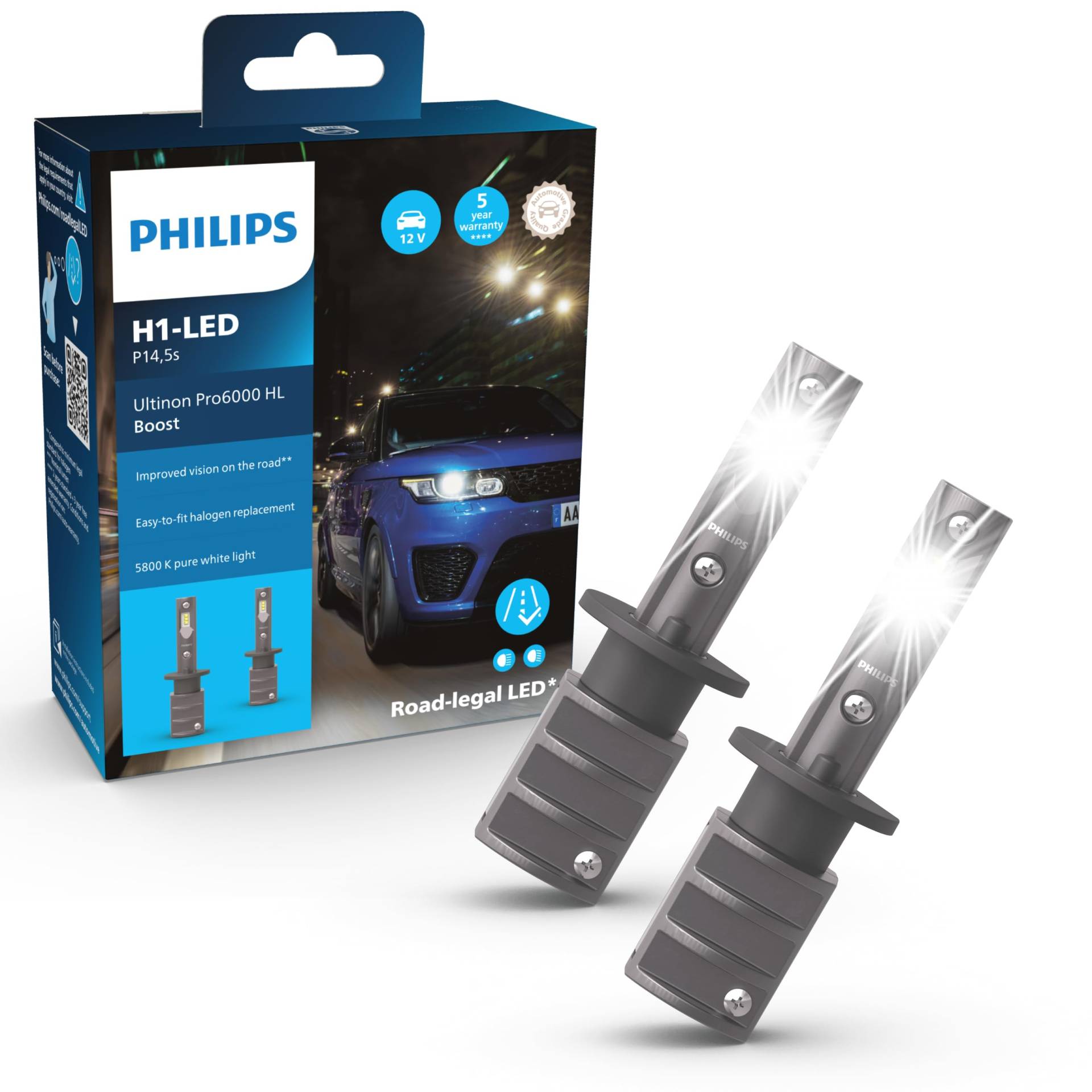 Philips Ultinon Pro6000 Boost H1-LED Scheinwerferlampe mit Straßenzulassung*, 5.800K, grau von Philips automotive lighting