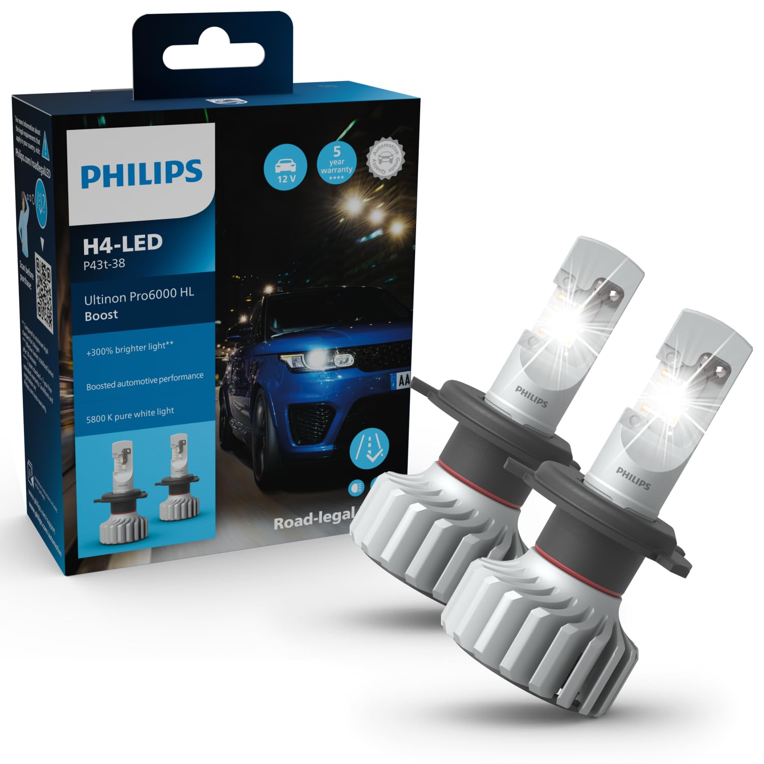 Philips Ultinon Pro6000 Boost H4-LED Scheinwerferlampe mit Straßenzulassung*, 300% helleres Licht**, silber von Philips automotive lighting
