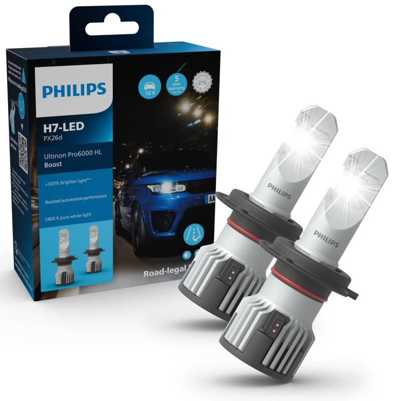 Philips Ultinon Pro6000 Boost H7-LED Scheinwerferlampe mit Straßenzulassung*, 300% helleres Licht**, silber von Philips