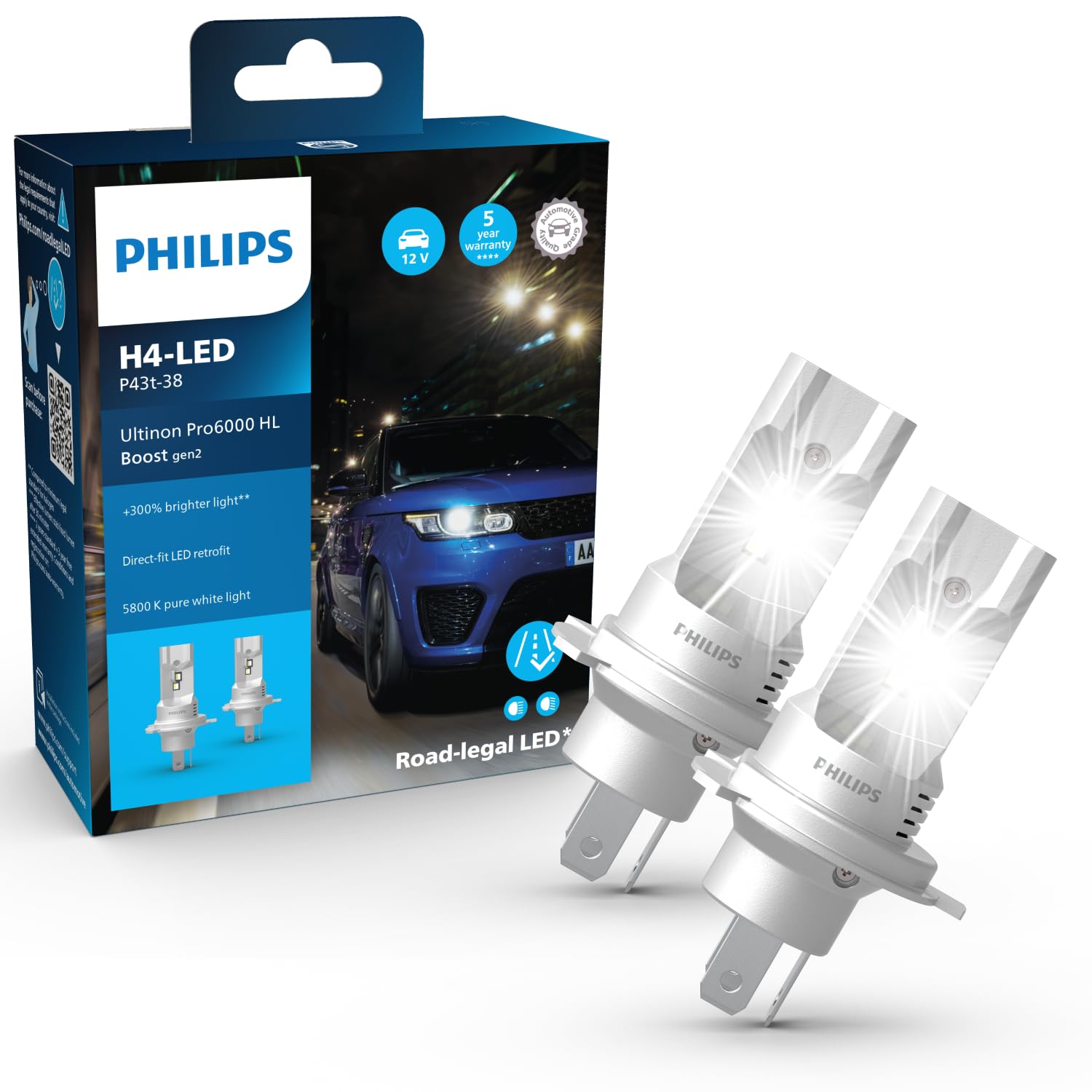 Philips Ultinon Pro6000 Boost gen2 Direct-fit H4-LED Scheinwerferlampe mit Straßenzulassung*, +300% helleres Licht** von Philips automotive lighting