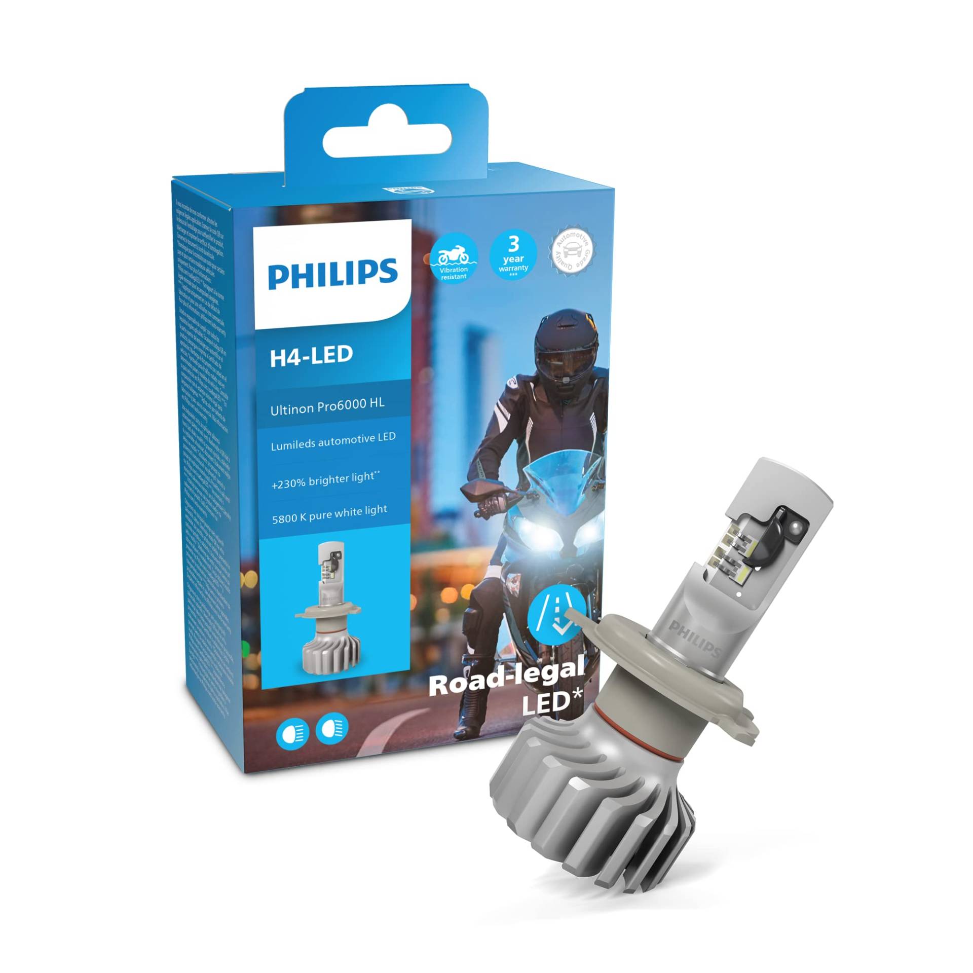 Philips Ultinon Pro6000 H4-LED Motorrad Scheinwerferlampe mit Straßenzulassung, 230% helleres Licht, 5.800K von Philips