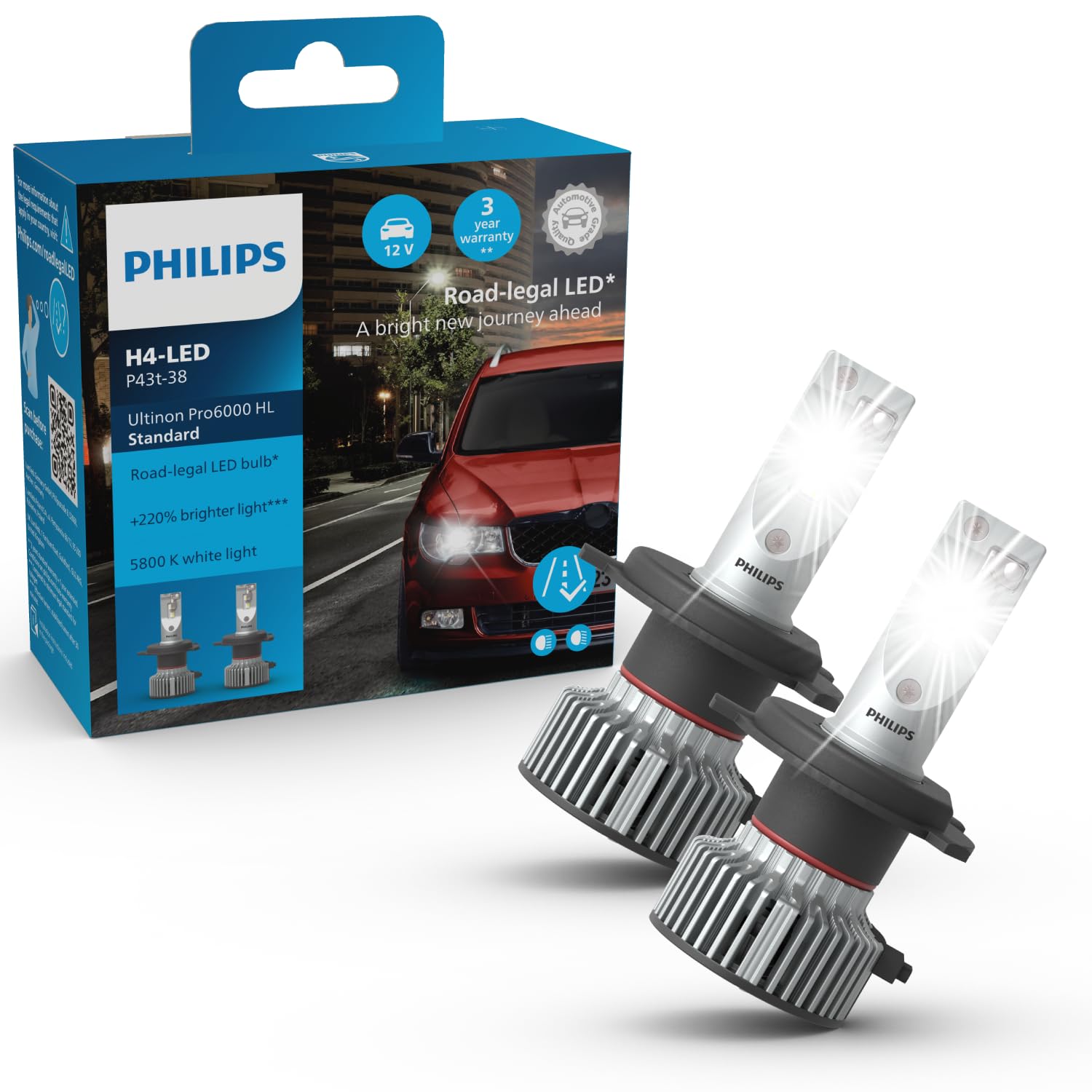 Philips Ultinon Pro6000 Standard H4-LED Scheinwerferlampe mit Straßenzulassung*, +220% helleres Licht** von Philips automotive lighting