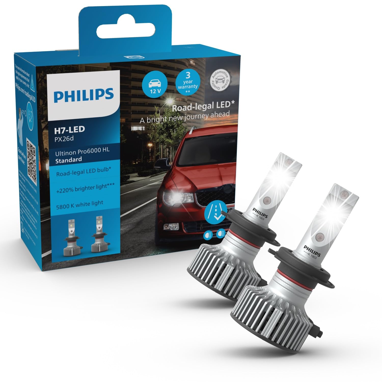 Philips Ultinon Pro6000 Standard H7-LED Scheinwerferlampe mit Straßenzulassung*, 220% helleres Licht**, silber von Philips automotive lighting