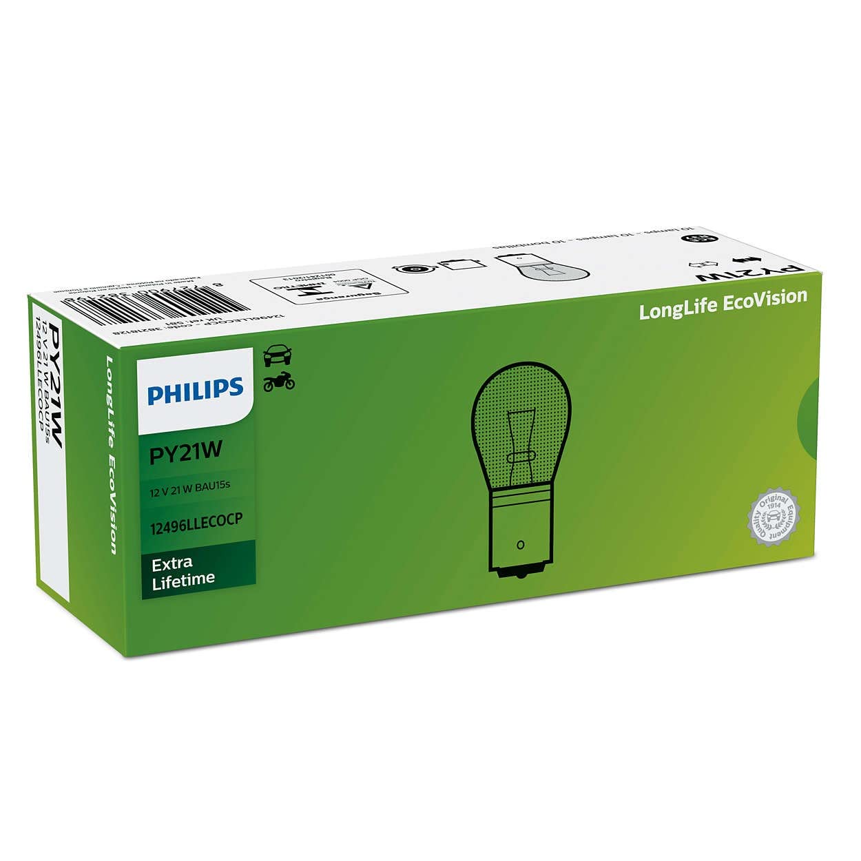 Philips 12499LLECOCP - P21/5W 12V 21/5W BAY15d LongLife Ecovision 10 Stück von PHILIPS