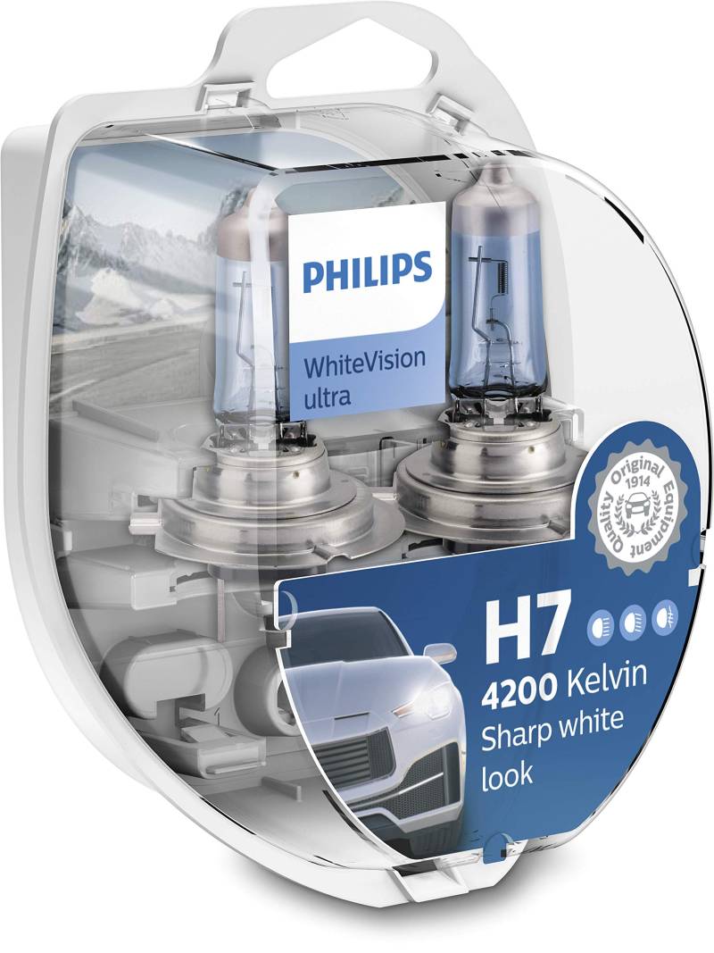 Philips Halogen, WhiteVision ultra H7 Scheinwerferlampe, 4.200K, Doppelset, Weiß von PHILIPS