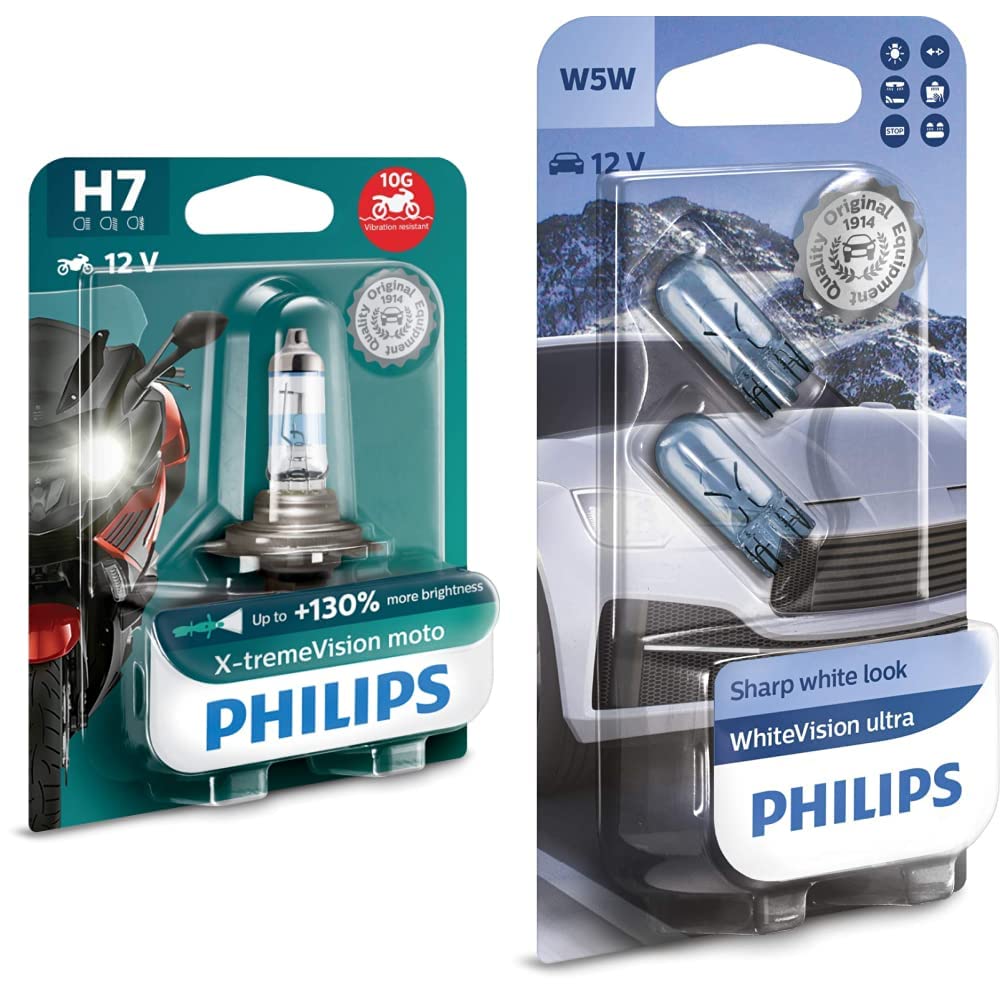 Philips 12972XV+BW X-Tremevision Moto +130% H7 Motorrad-Scheinwerferlampe, 1 Stück & Philips WhiteVision ultra W5W Signallampe, Doppelblister, 35484330, Double blister von Philips