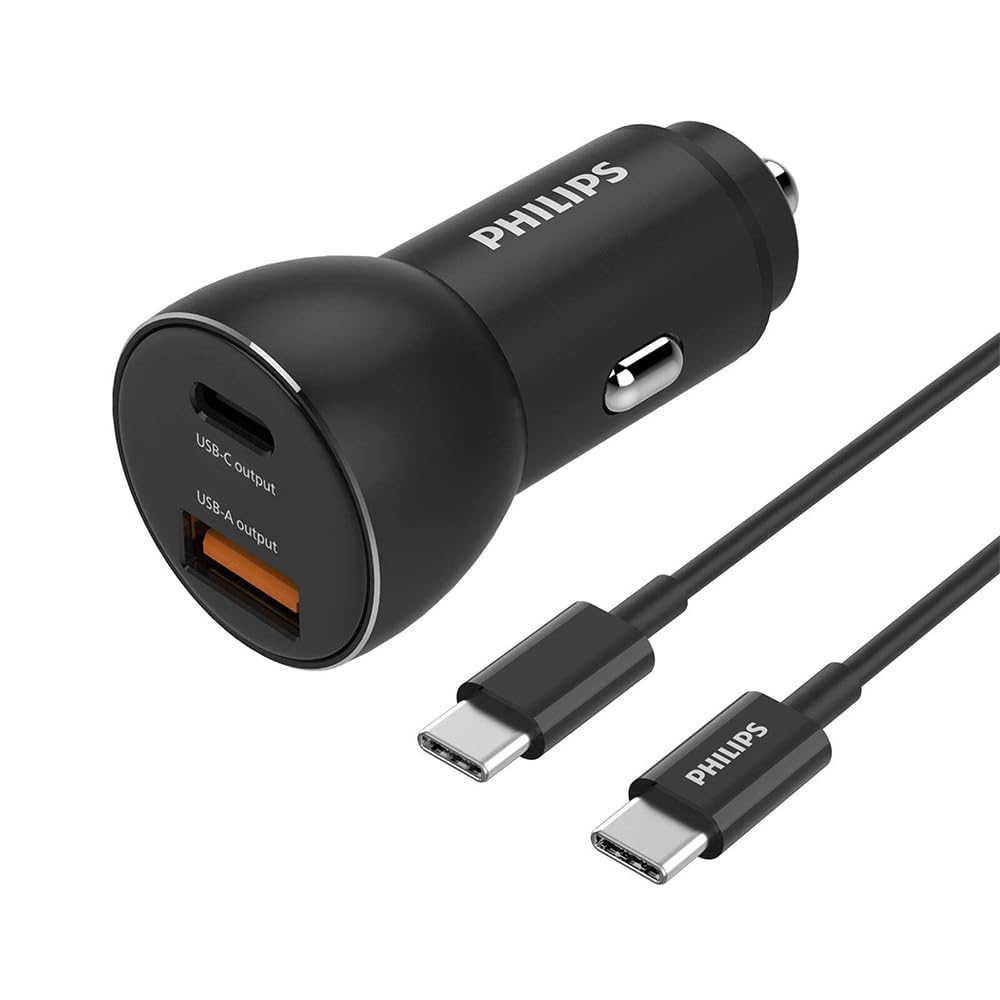 PHILIPS DLP2521C/00 - Autoladegerät mit USB-A und USB-C Anschlüss und USB-C Kabel - USB-C to USB-C Kabel 1 Meter - Schwarz von PHILIPS