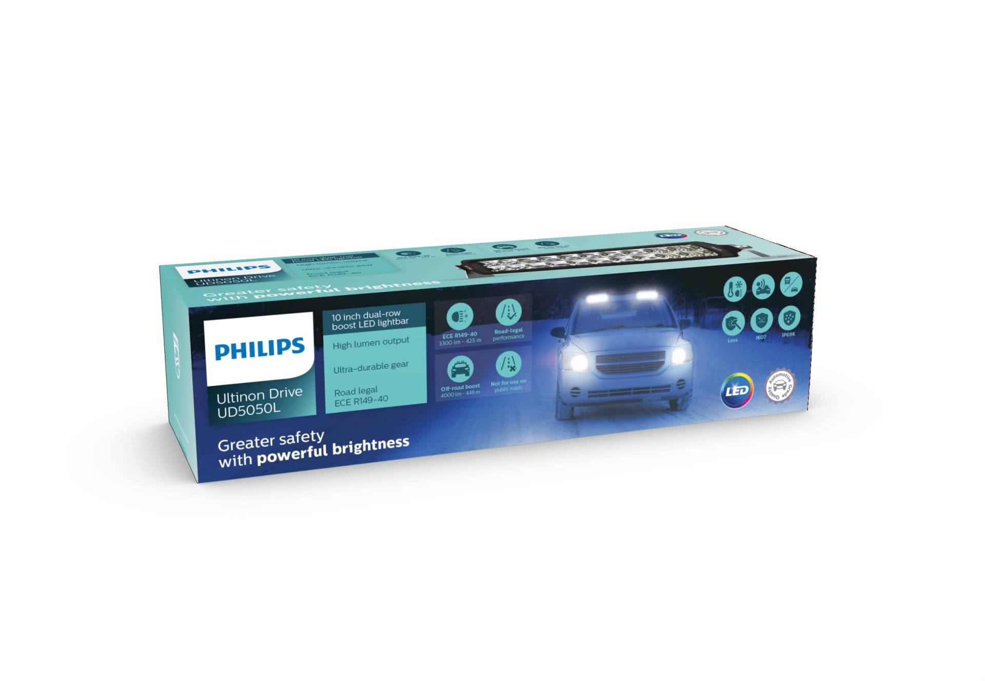 Philips Ultinon Drive 5050L LED-Zusatzscheinwerfer für Fernlichtfunktion, 10'' Double-Row Boost LED-Lightbar, 12V/24V, 3.300 Lumen + Offroad-Boost, bis zu +448 m Lichtstrahllänge, Straßenzulassung von Philips automotive lighting
