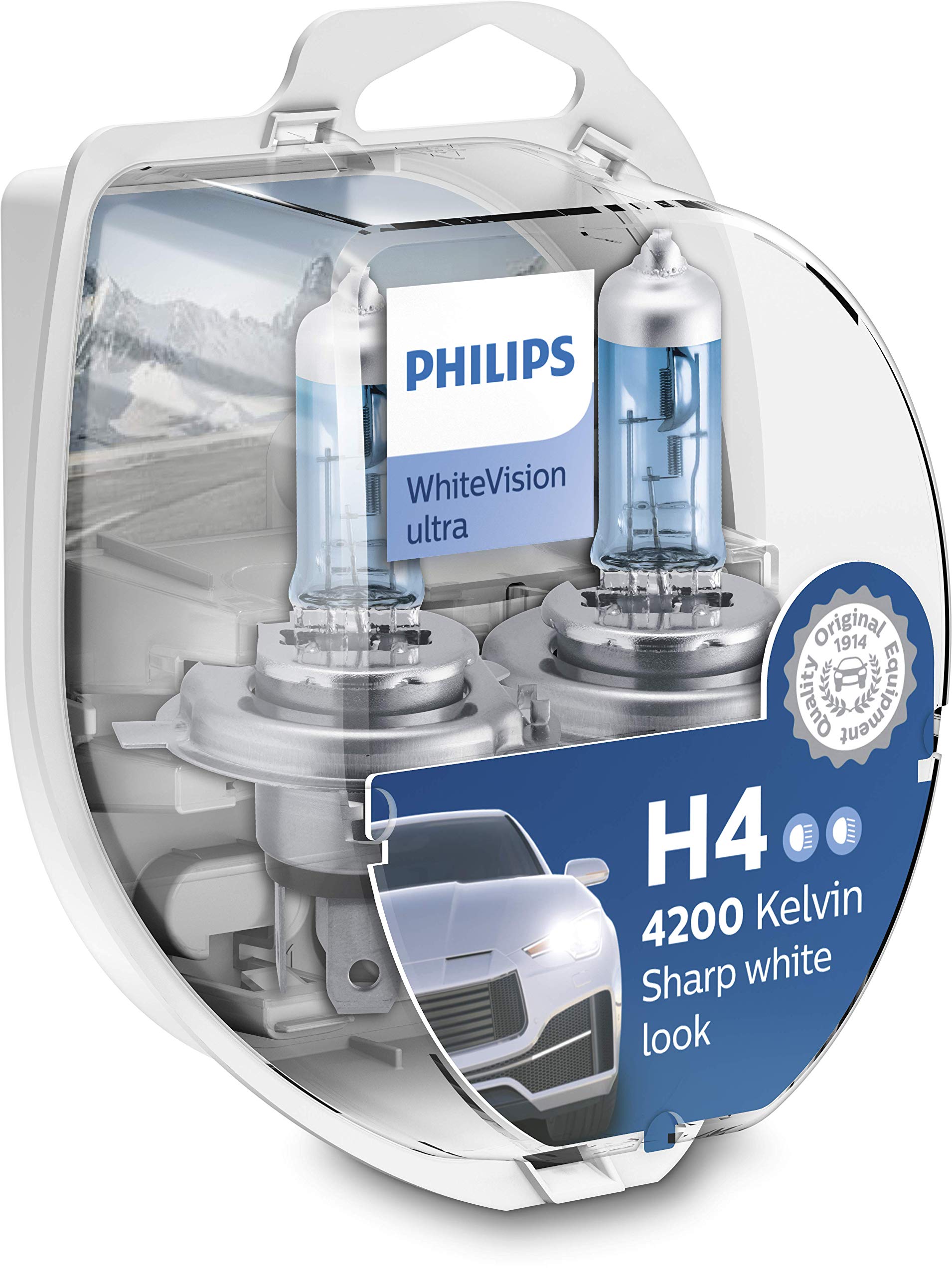 Philips WhiteVision ultra H4 Scheinwerferlampe, 4.200K, Doppelset Weiß Halogen, Twin box von PHILIPS