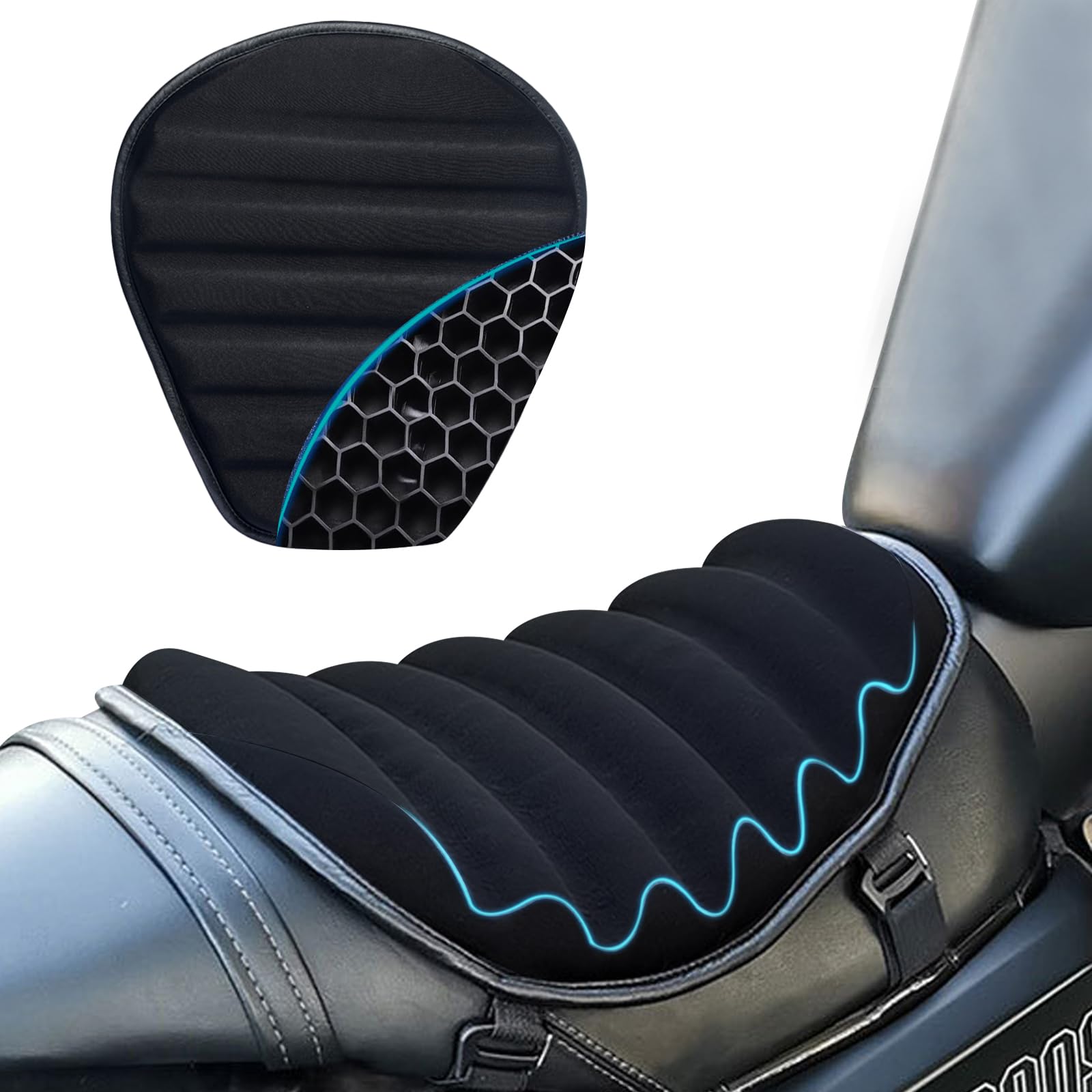 PhyiFlbey Motorrad Schockabsorbierende Sitzkissen Wave Honeycomb Struktur Atmungsaktiv Schockabsorbierend Hochflexibel, Motorrad Gel Sitzkissen für lange Fahrten von PhyiFlbey