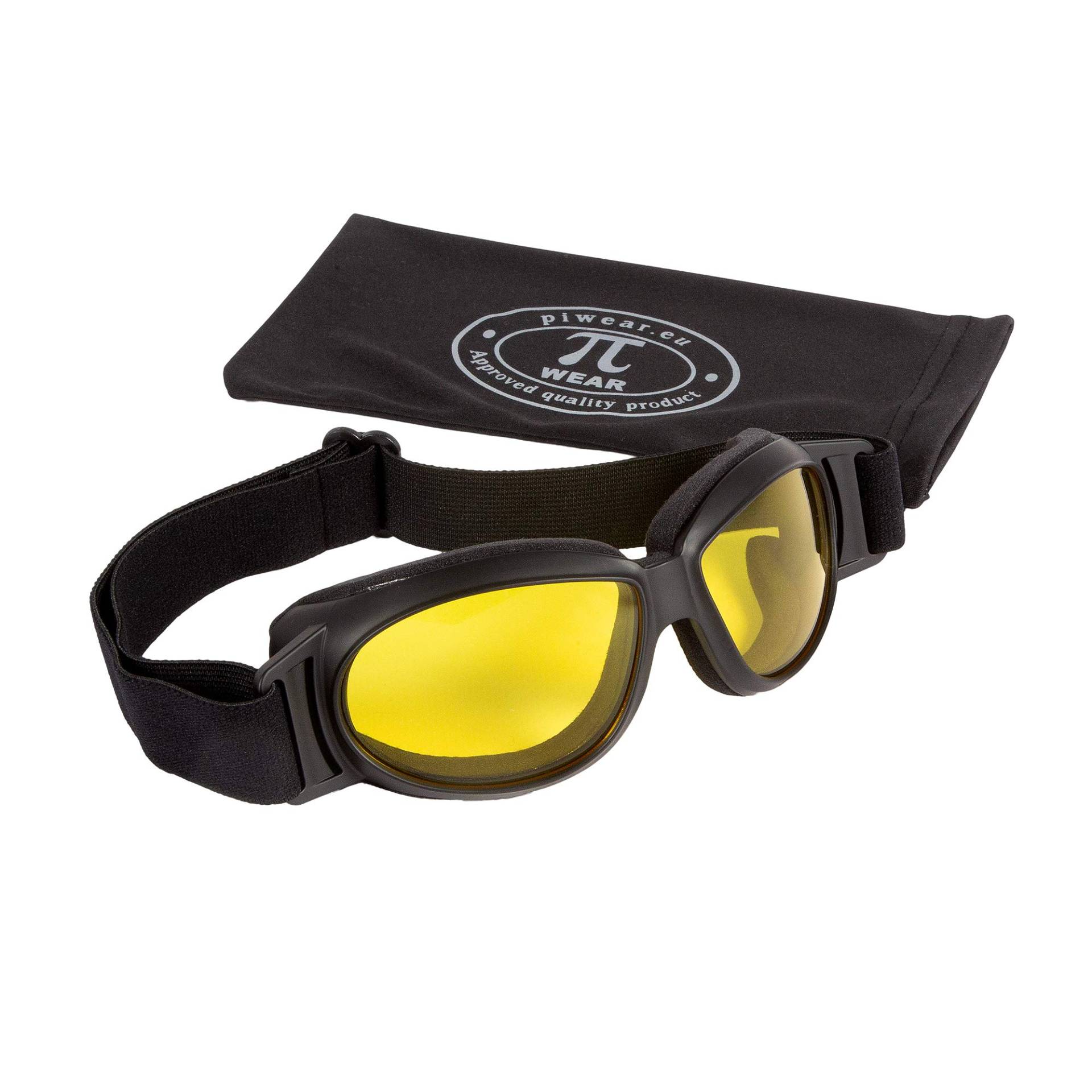 PiWear® Black Hills kleine Motorradbrille über Helm Nachtfahrbrille winddicht rutschfest gepolstert beschlagfrei kontrastverstärkend gelb getönt von PiWear