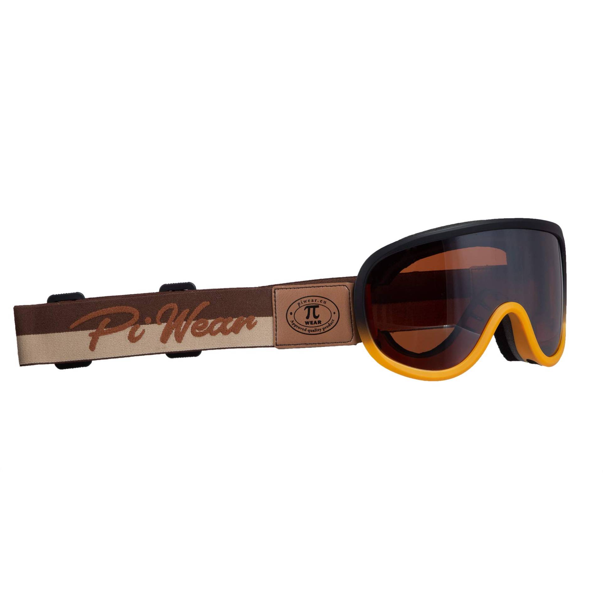 PiWear Arizona Brille über Brille Motorradbrille für Brillenträger Retro Oldtimer gepolstert beschlagfrei Rahmen orange schwarz Band beige Logo braun Glas braun getönt von PiWear