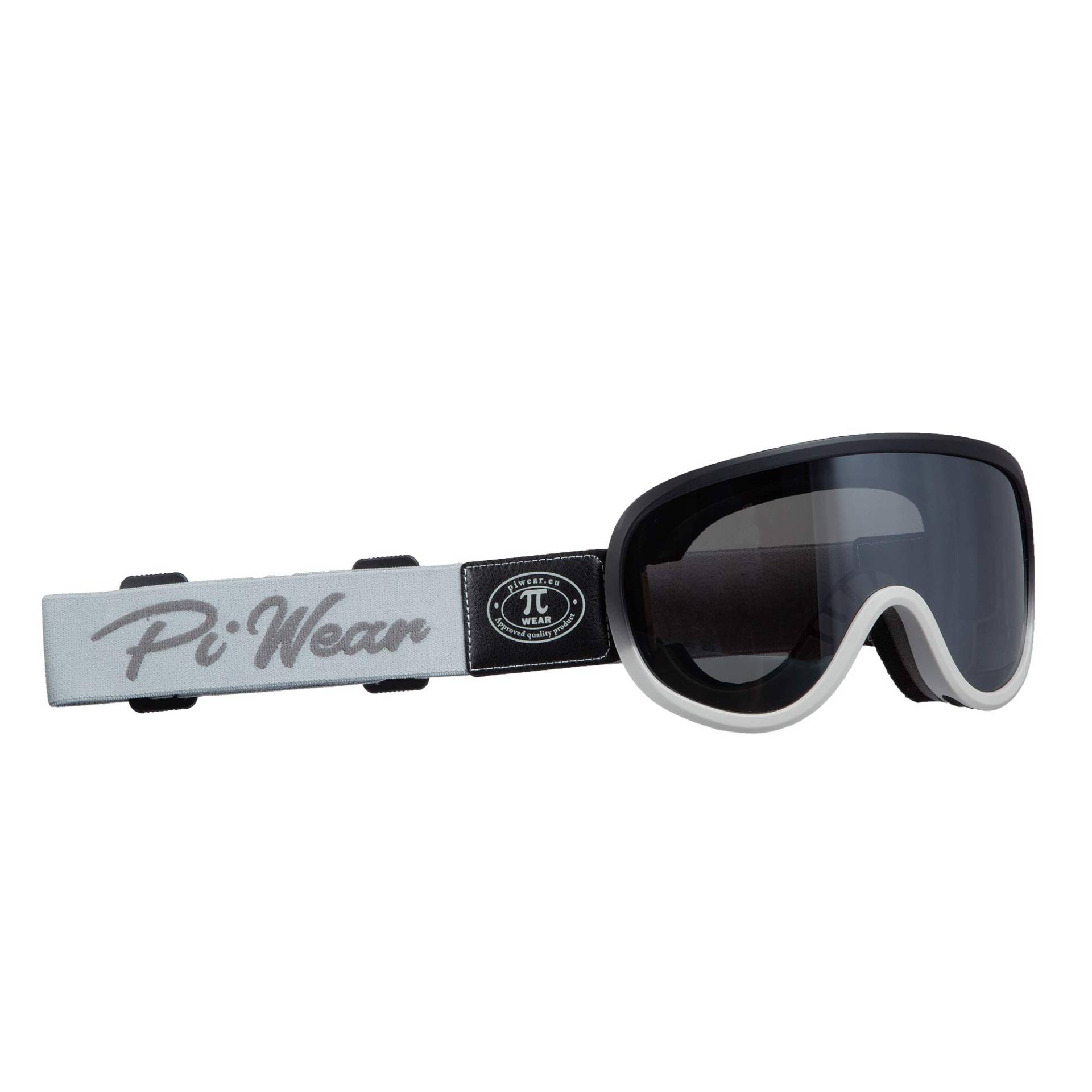 PiWear Arizona Crossbrille Motorradbrille Überbrille für Brillenträger Retro gepolstert beschlagfrei Rahmen grau schwarz Band graue Logo schwarz Glas dunkel getönt silber verspiegelt von PiWear