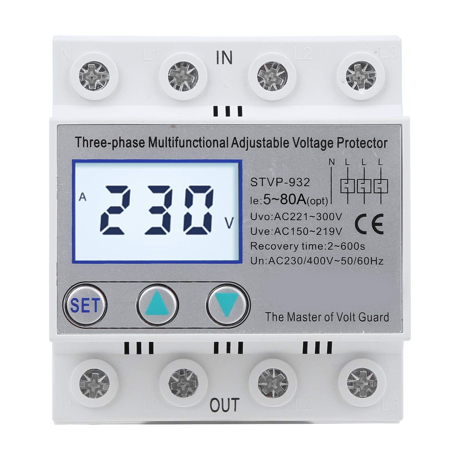Unter-Überspannungsschutz,Einstellbarer Spannungsschutz, 3-Phasen-LCD-Multifunktions-Selbstrückstellung STVP-932 230 V 400 VAC, Spannungsausgangsstabilisator Für Den Hausschutz(80A) von Pilipane