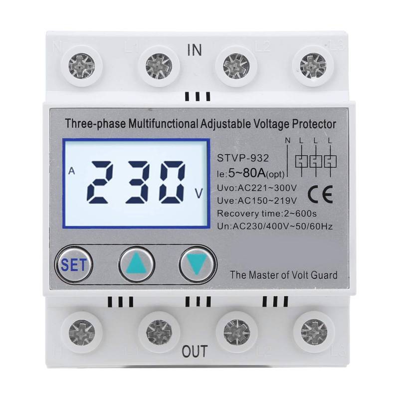 Pilipane Unter-Überspannungsschutz,Einstellbarer Spannungsschutz, 3-Phasen-LCD-Multifunktions-Selbstrückstellung STVP-932 230 V 400 VAC, Spannungsausgangsstabilisator Für Den Hausschutz(80A) von Pilipane