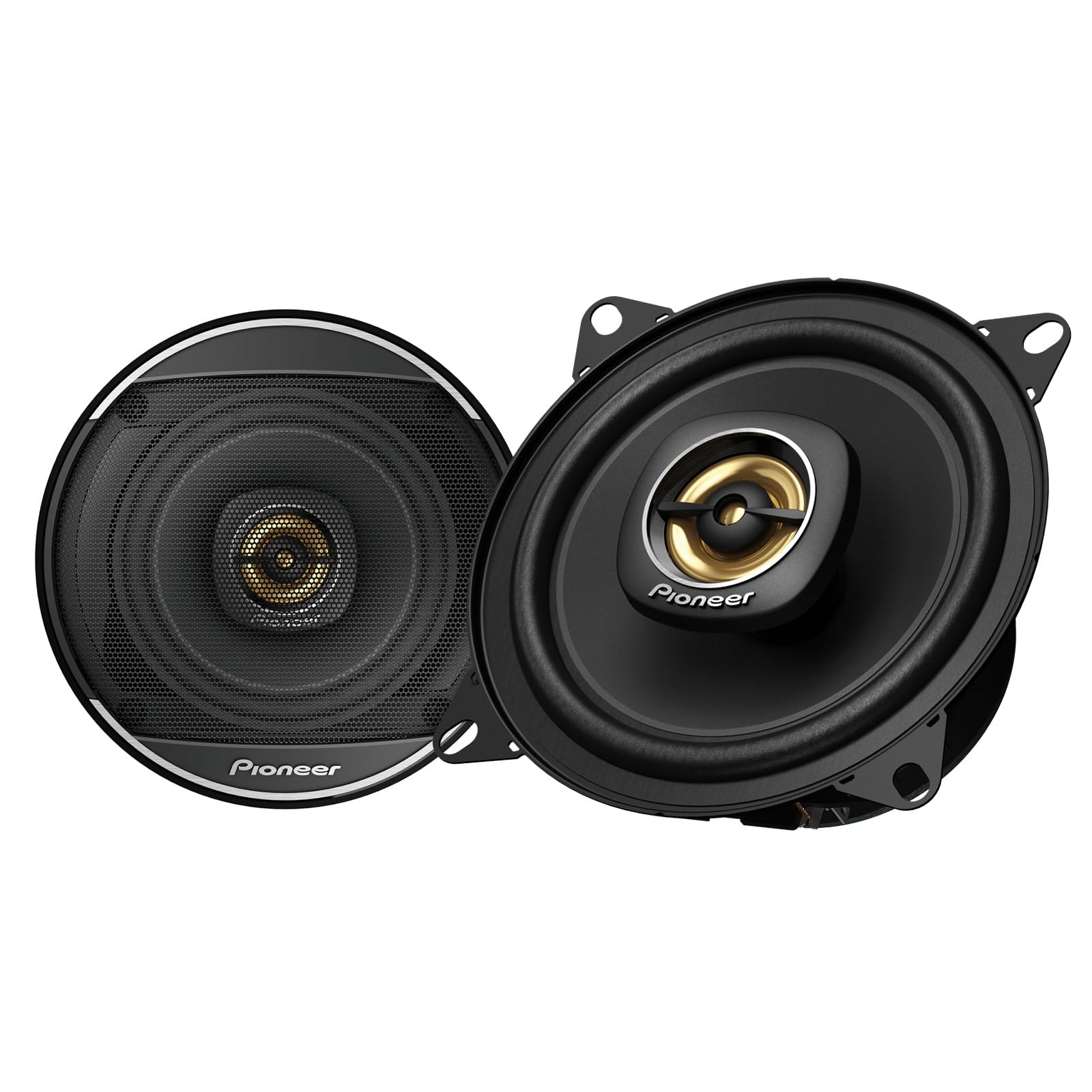 Pioneer TS-A1081F 10 cm 2-Weg-Koaxial-Lautsprecher Set mit 2 Lautsprechern (je 230 W max., 50 W Sinus), kraftvoller Klang, hoher Wirkungsgrad, 43 mm Einbautiefe, 106 mm Einbauausschnitt, mit Gitter von Pioneer