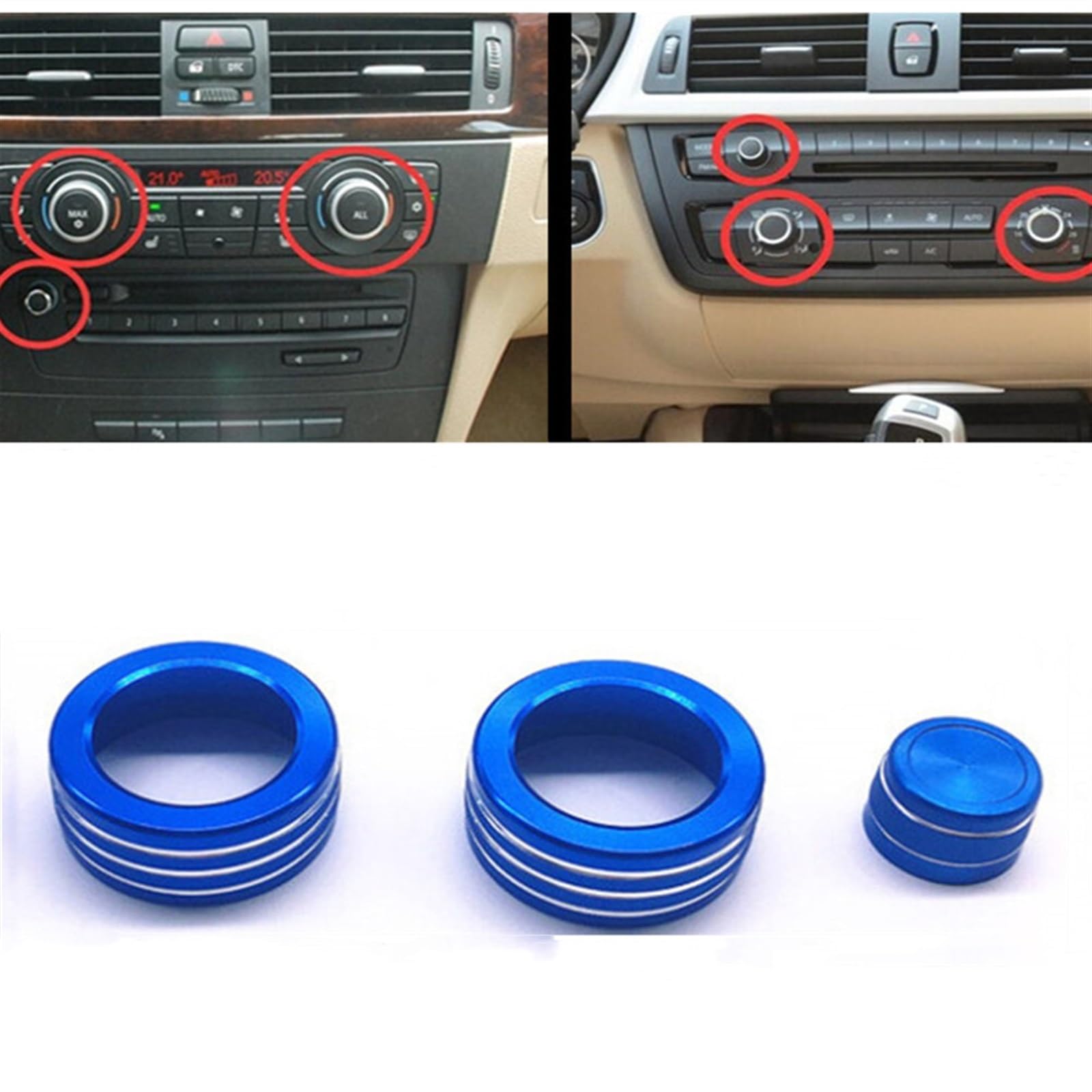 Pizgear for BMW, 3er-Serie 2005–2013 E90 E91 E92 E93, Auto-Klimaanlage, Sound-Trim-Knopf-Abdeckung, Innendekorationszubehör Abdeckring für den Lüftungsknopf(Blue(3pcs)) von Pizgear