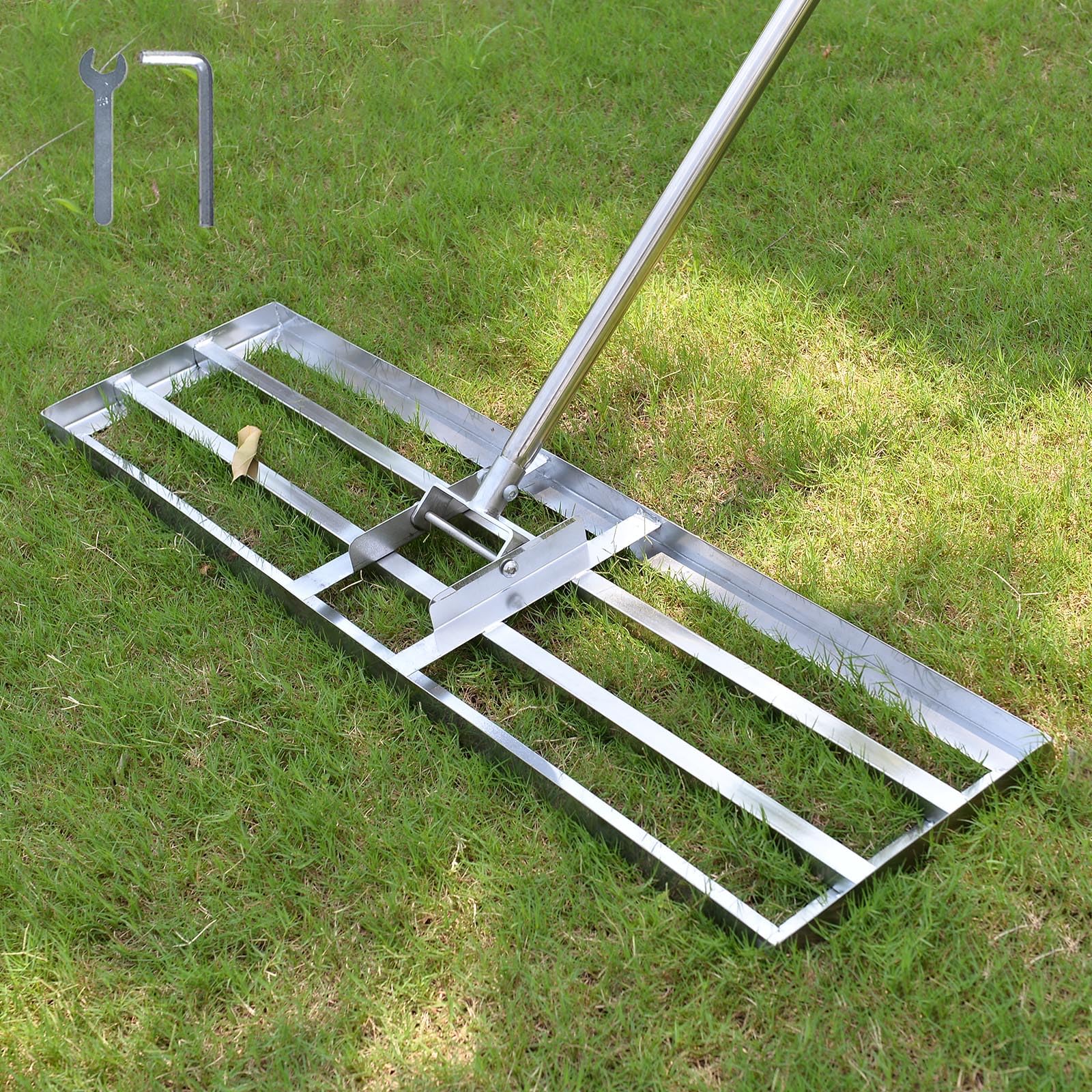 Plutohiker Rasen Rakel Edelstahl 90x25 cm Rakel Rasen nivellierrechen mit 2.15 Meter Verstellbarer Stiel für Hof Garten, Golfplatz,Rasenpflege,Rasen Sanden(2.15m, 25x90cm) von Plutohiker