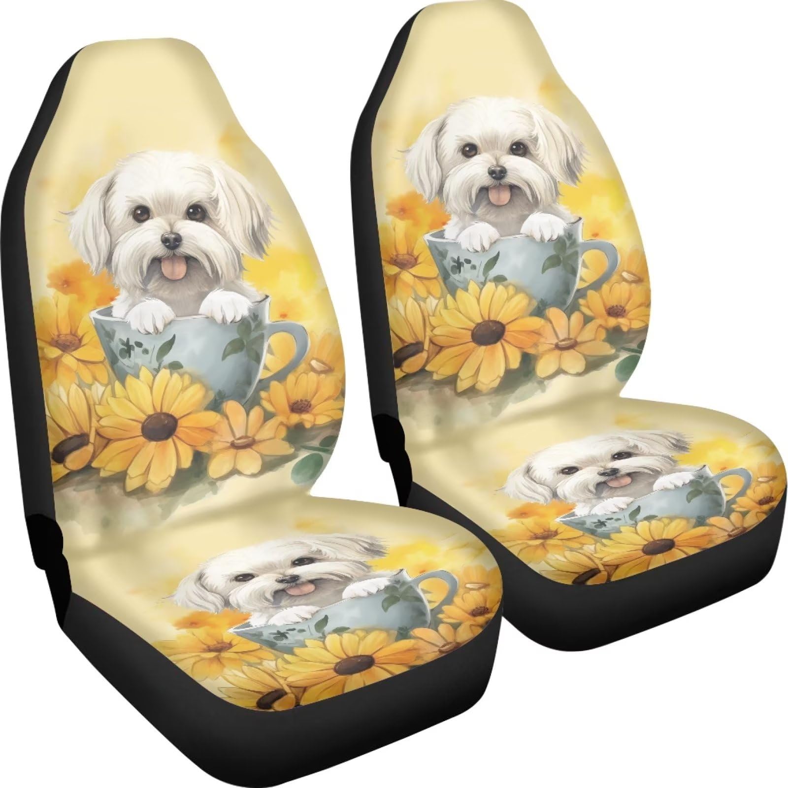 Poceacles Teacup Vordersitzbezüge, Motiv: Malteserhund, Sonnenblumenmuster, Auto-Vordersitzbezüge, Autositzschoner, passend für SUV/LKWs/Limousinen von Poceacles