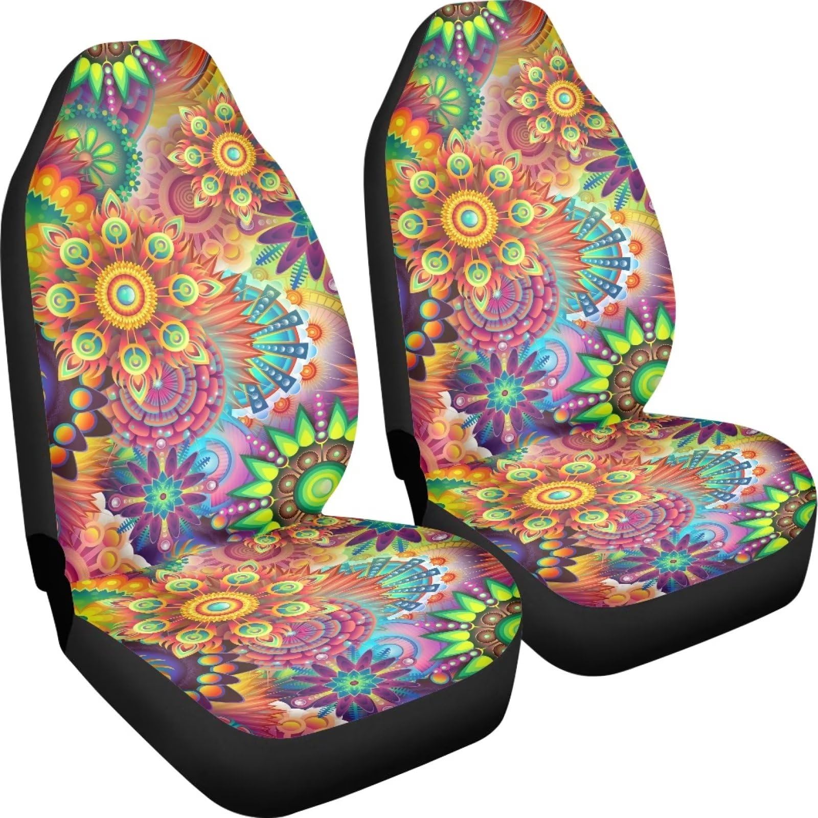 Poceacles Bunte Mandala Blumen Muster Auto Sitzbezüge Vordersitze Nur Hohe Rückenlehne Stretch Fahrzeug Eimer Sitzbezug Auto Protector Fahrer Sitzbezüge von Poceacles