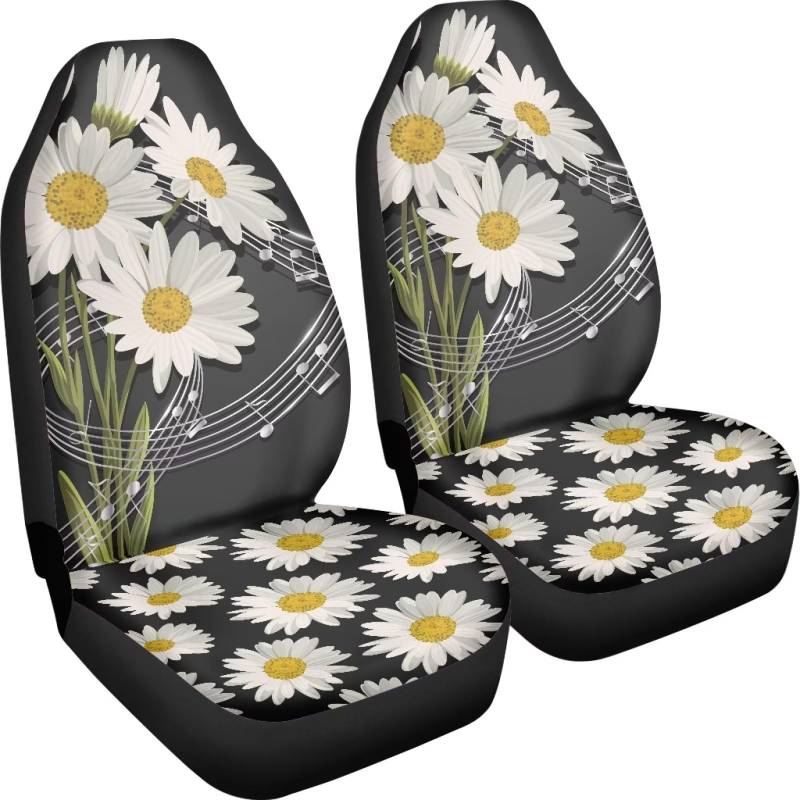 Poceacles Daisy Floral 2 Stück Autositzbezug Fahrzeugsitzschoner Automatte Vordersitze Nur Fahrersitzbezug Vordersitzschoner Pads Schwarz von Poceacles