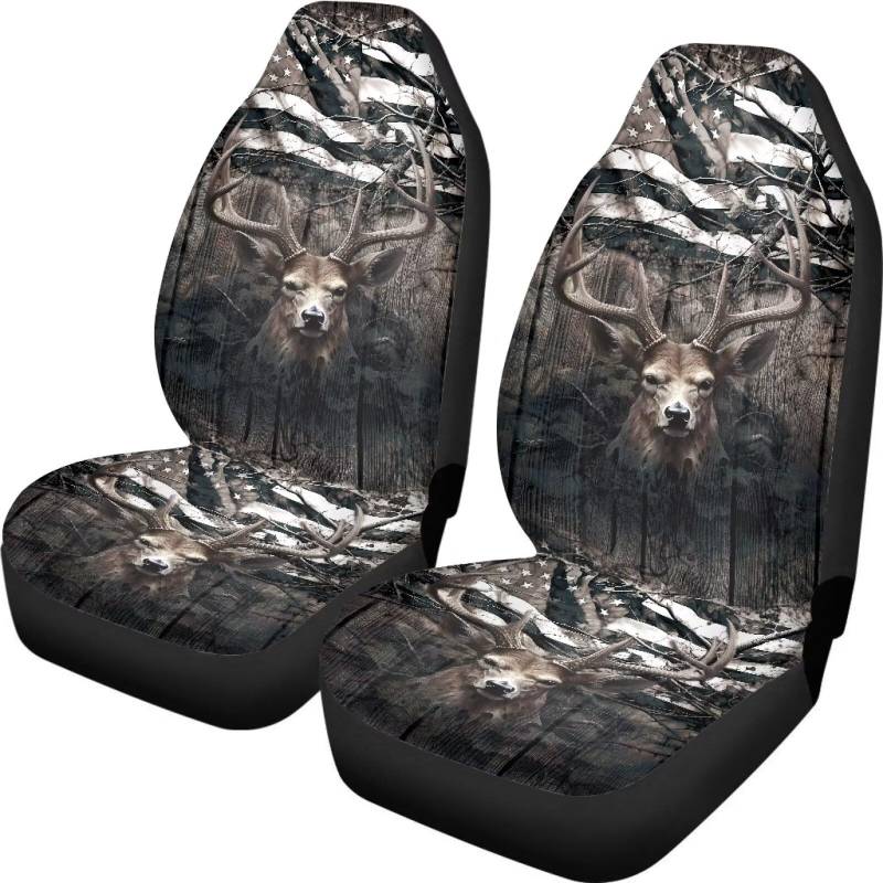 Poceacles Vintage USA Flagge Camo Hirsch Druck Set von 2 Auto Vordersitzbezug Universal Fit Auto Vordersitze Schutz für Auto SUV Limousine LKW von Poceacles