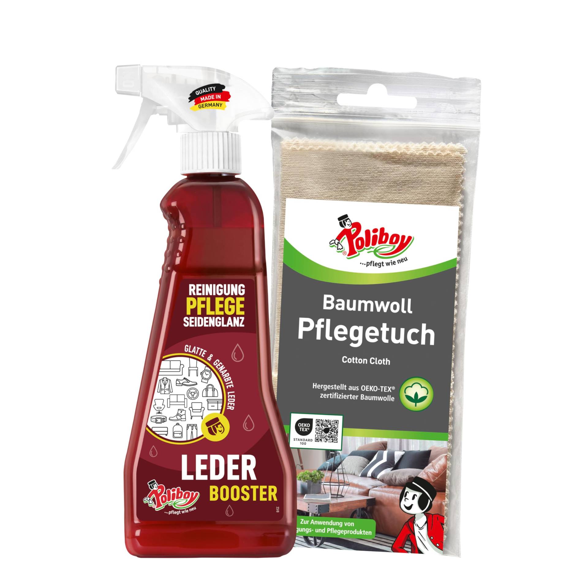 POLIBOY Leder Booster - Reinigendes Lederpflegemittel für Kleidung und Möbel - Lederreiniger mit Pflegewirkung - 1x 375 ml - Mit Baumwolltuch - Made in Germany von Poliboy ... pflegt wie neu