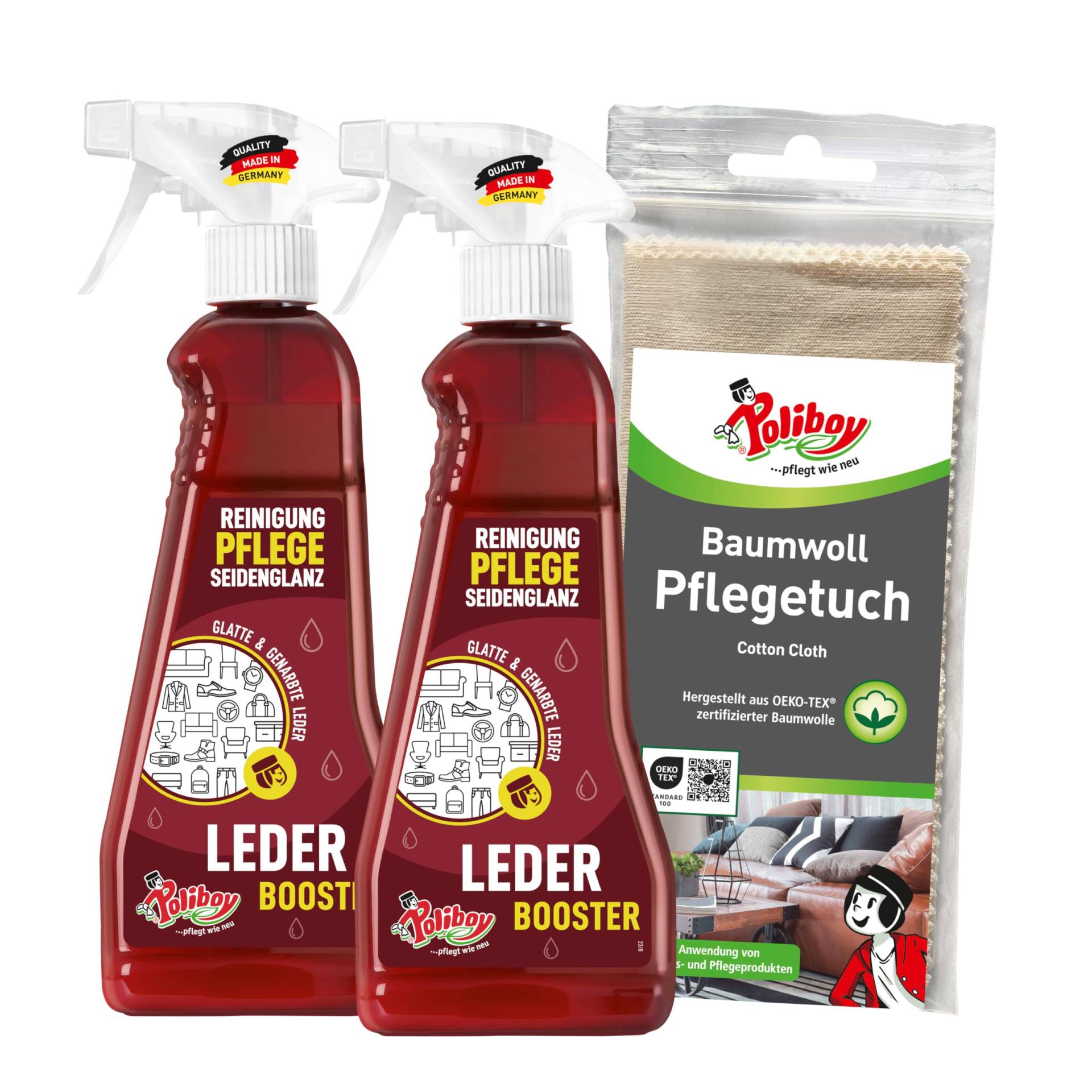 POLIBOY Leder Booster - Reinigendes Lederpflegemittel für Kleidung und Möbel - Lederreiniger mit Pflegewirkung - 2X 375 ml - Mit Baumwolltuch - Made in Germany von Poliboy ... pflegt wie neu