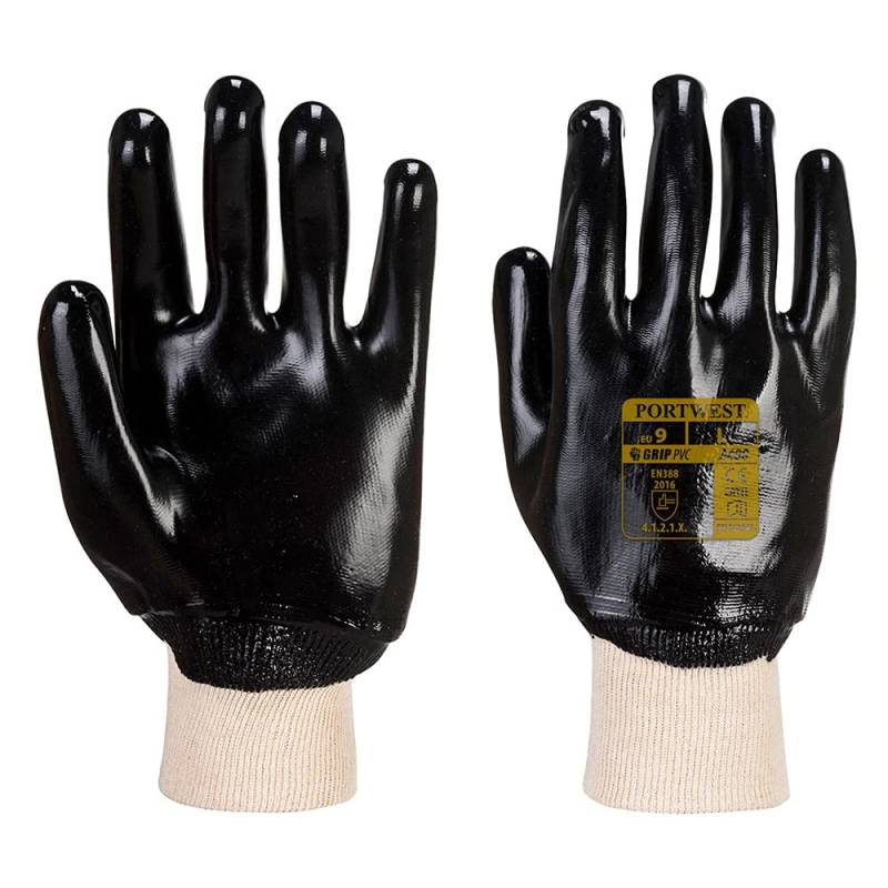 Portwest PVC-Handschuh Mit Strickbund, Größe: M, Farbe: Schwarz, A400BKRM von Portwest