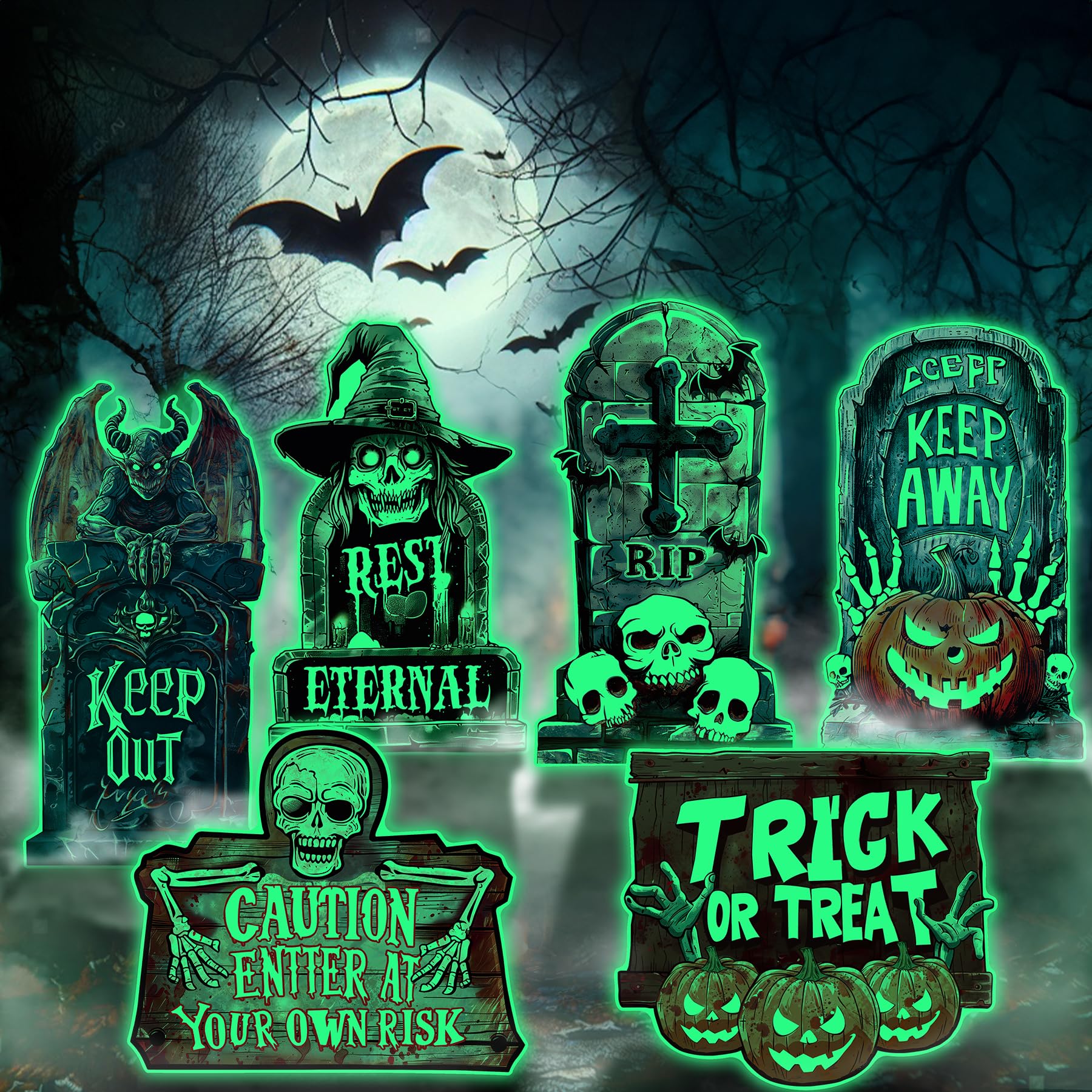 Pourbibi 6 Stück Halloween Grabsteine Deko, Fluoreszierender Halloween Grabstein Outdoor, Grabstein Friedhof Deko Requisiten, Halloween Yard Signs Schild Deco, Simulation Halloween Grabstein von Pourbibi