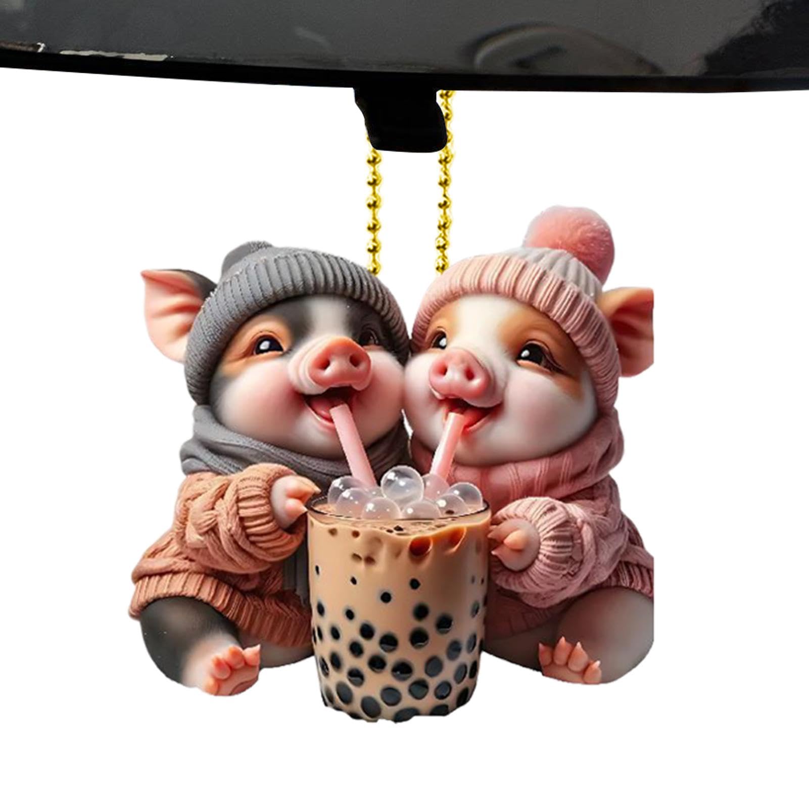 Schweine-Rückspiegel-Anhänger, Schweine-Auto-Anhänger | Glücksschwein-Accessoires-Ornament,Acryl-Auto-Innendekoration, 2D-Rückspiegel-Anhänger für Kinder und Frauen von Povanjer