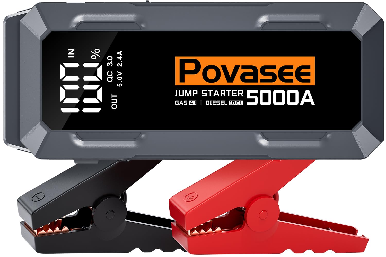 Povasee Starthilfe Powerbank, 5000A Starthilfe (bis zu Alle Benzin/10L Diesel) mit 3 Zoll LCD-Display, Starthilfe Auto mit Zwei USB-Ausgängen, Starthilfekabel und LED, Jump Starter für 12V Fahrzeuge von Povasee