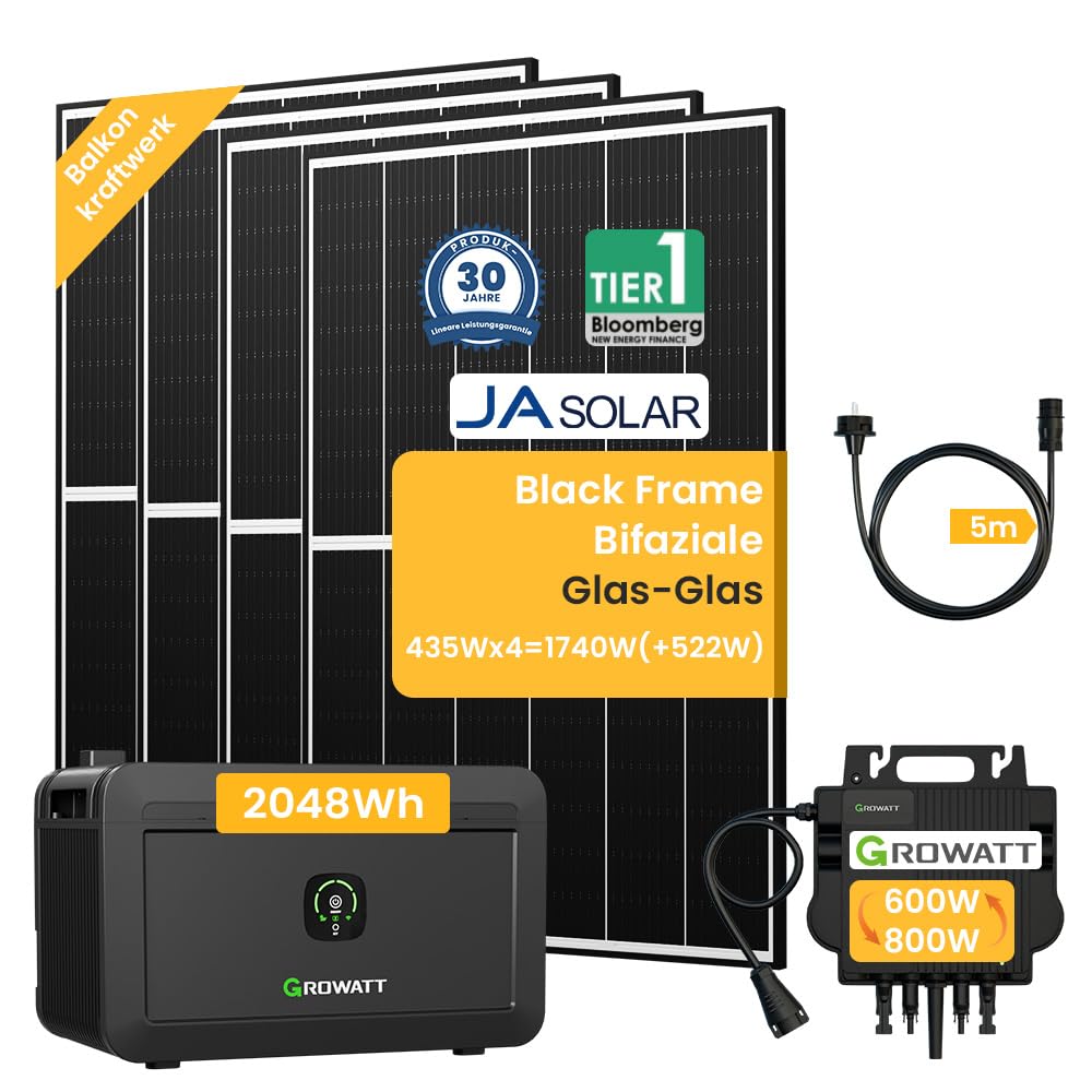 Balkonkraftwerk mit Speicher, Growatt NOAH 2000 mit 1800W PV-Eingangsleistung IP66 und Jasolar Black Frame Bifaziale Glas-Glas Solarmodule für Balkonkraftwerk (NOAH2000*1+1740W) von Powerness