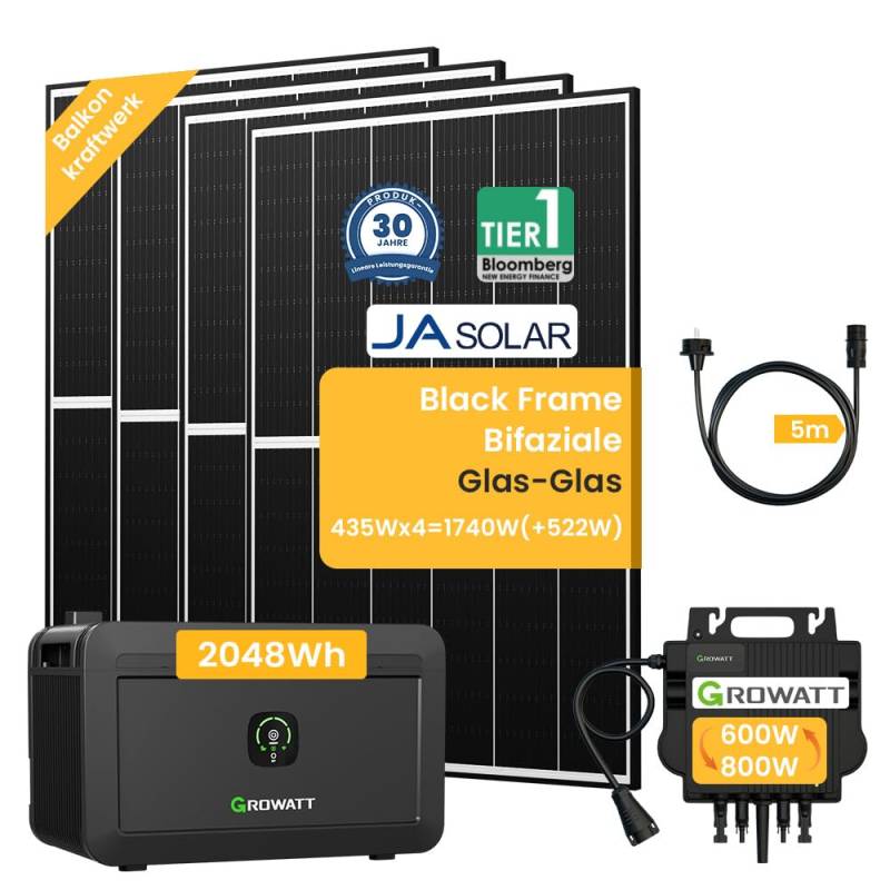 Balkonkraftwerk mit Speicher, Growatt NOAH 2000 mit 1800W PV-Eingangsleistung IP66 und Jasolar Black Frame Bifaziale Glas-Glas Solarmodule für Balkonkraftwerk (NOAH2000*1+1740W) von Powerness