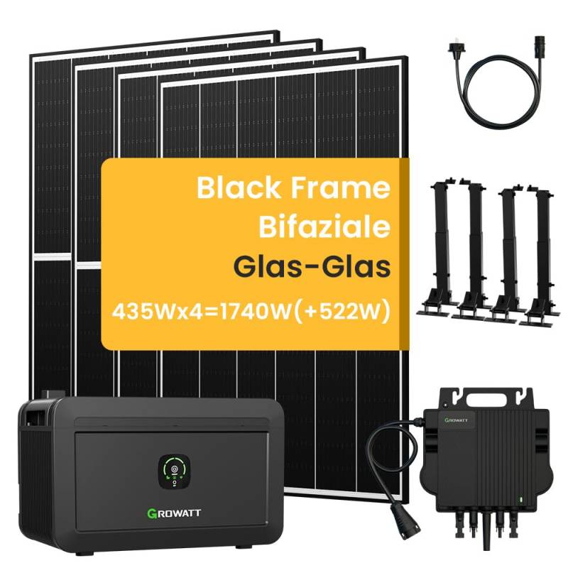 Balkonkraftwerk mit Speicher, Growatt NOAH 2000 mit 1800W PV-Eingangsleistung IP66 und Jasolar Black Frame Bifaziale Glas-Glas Solarmodule für Balkonkraftwerk (NOAH2000*1+1740W+4*Halterung) von Powerness