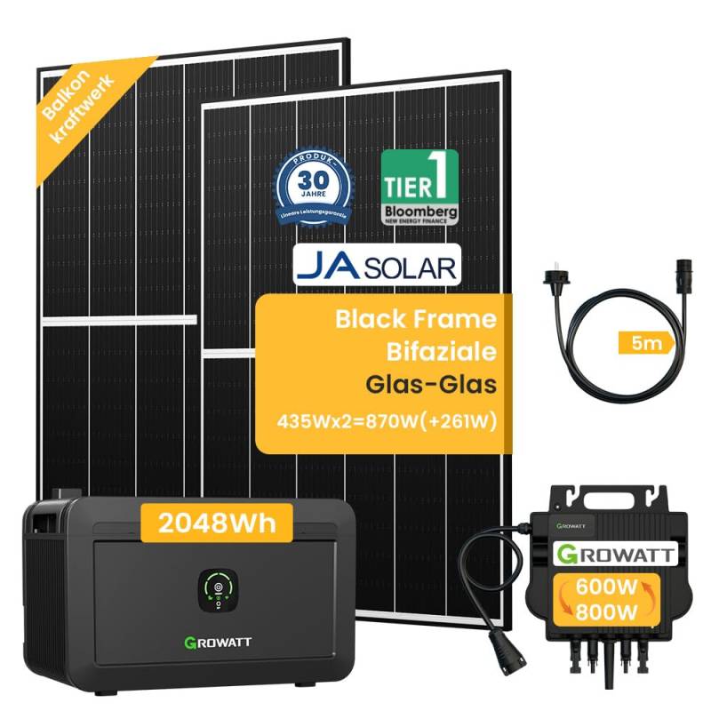 Balkonkraftwerk mit Speicher, Growatt NOAH 2000 mit 1800W PV-Eingangsleistung IP66 und Jasolar Black Frame Bifaziale Glas-Glas Solarmodule für Balkonkraftwerk (NOAH2000*1+870W) von Powerness